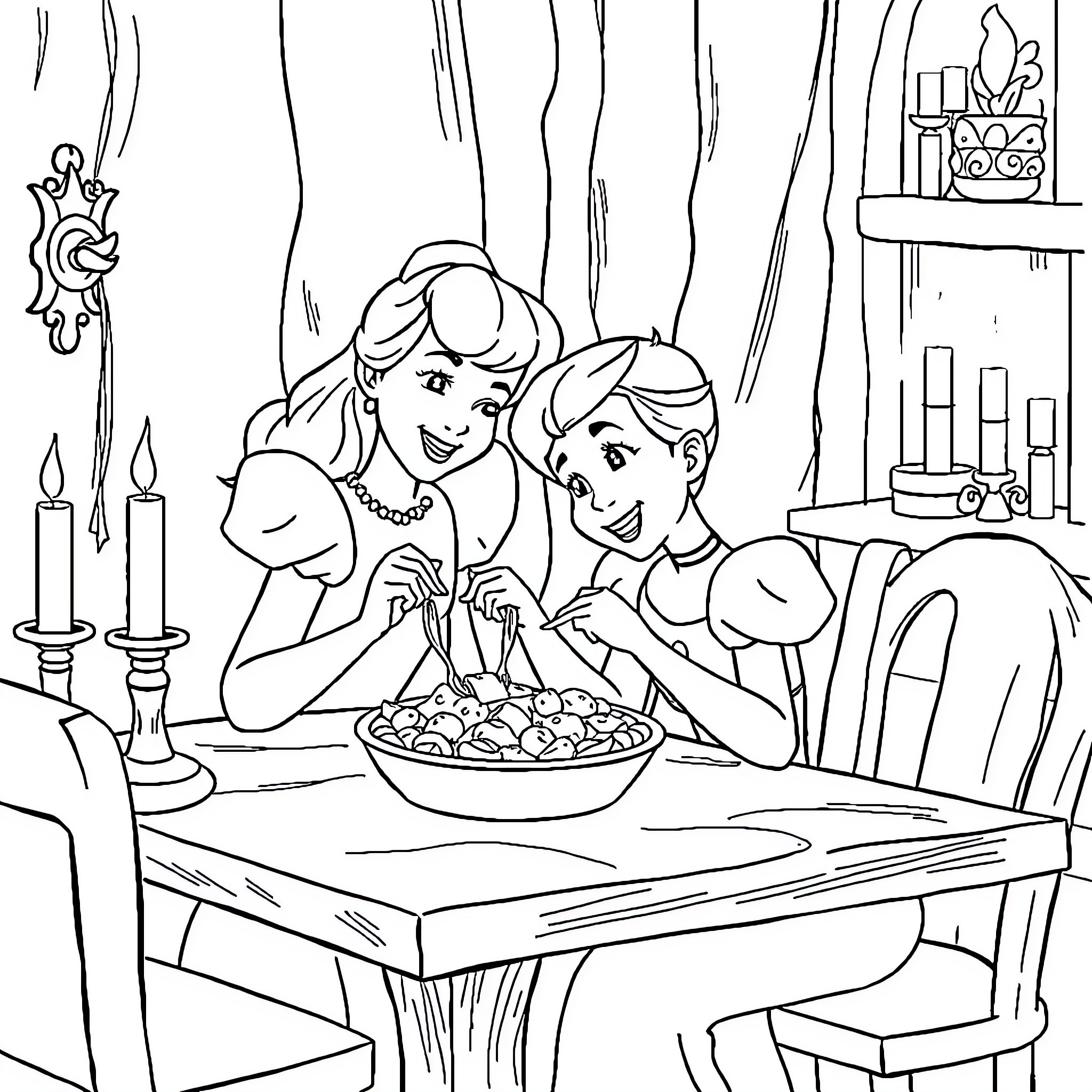 Cinderella and Prince Charming enjoying a romantic dinner Coloring Page (free black-and-white line drawing printable PDF for all, from beginners to advanced learners, including children, teens, adults, and seniors)