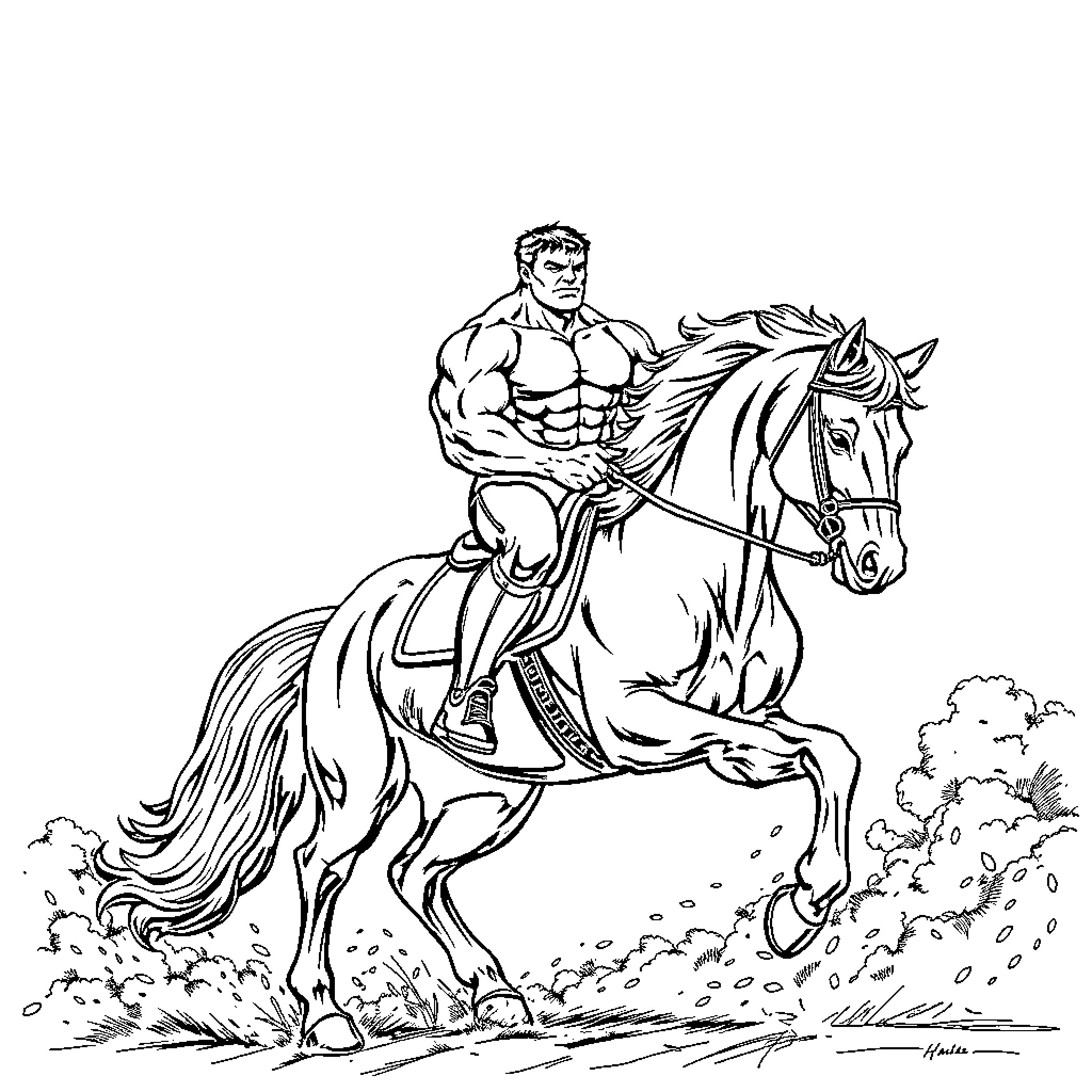 Hulk rides a powerful horse through the wilderness Coloring Page (free black-and-white line drawing printable PDF for all, from beginners to advanced learners, including children, teens, adults, and seniors)