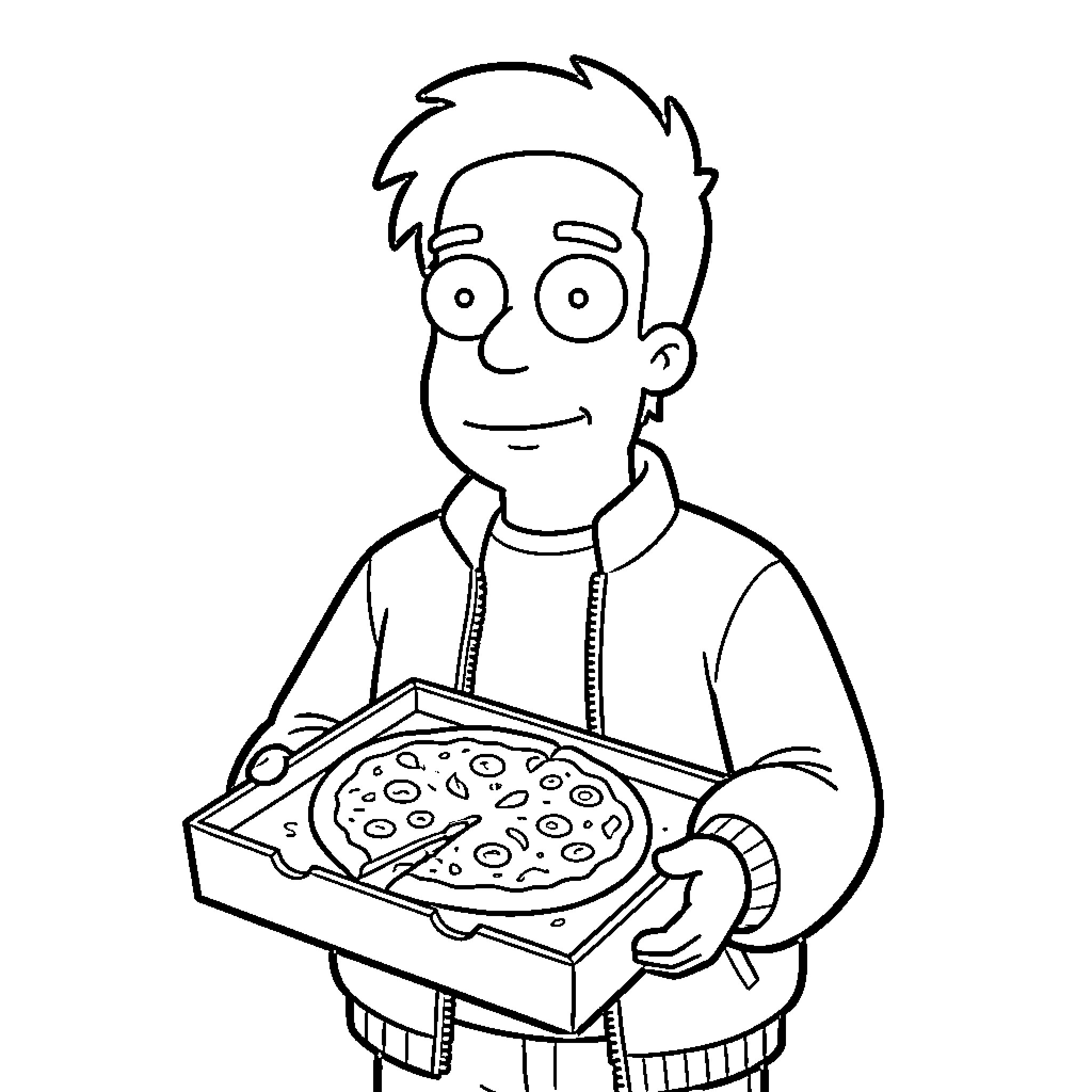 Fry enjoying a delicious pizza Coloring Page (free black-and-white line drawing printable PDF for all, from beginners to advanced learners, including children, teens, adults, and seniors)