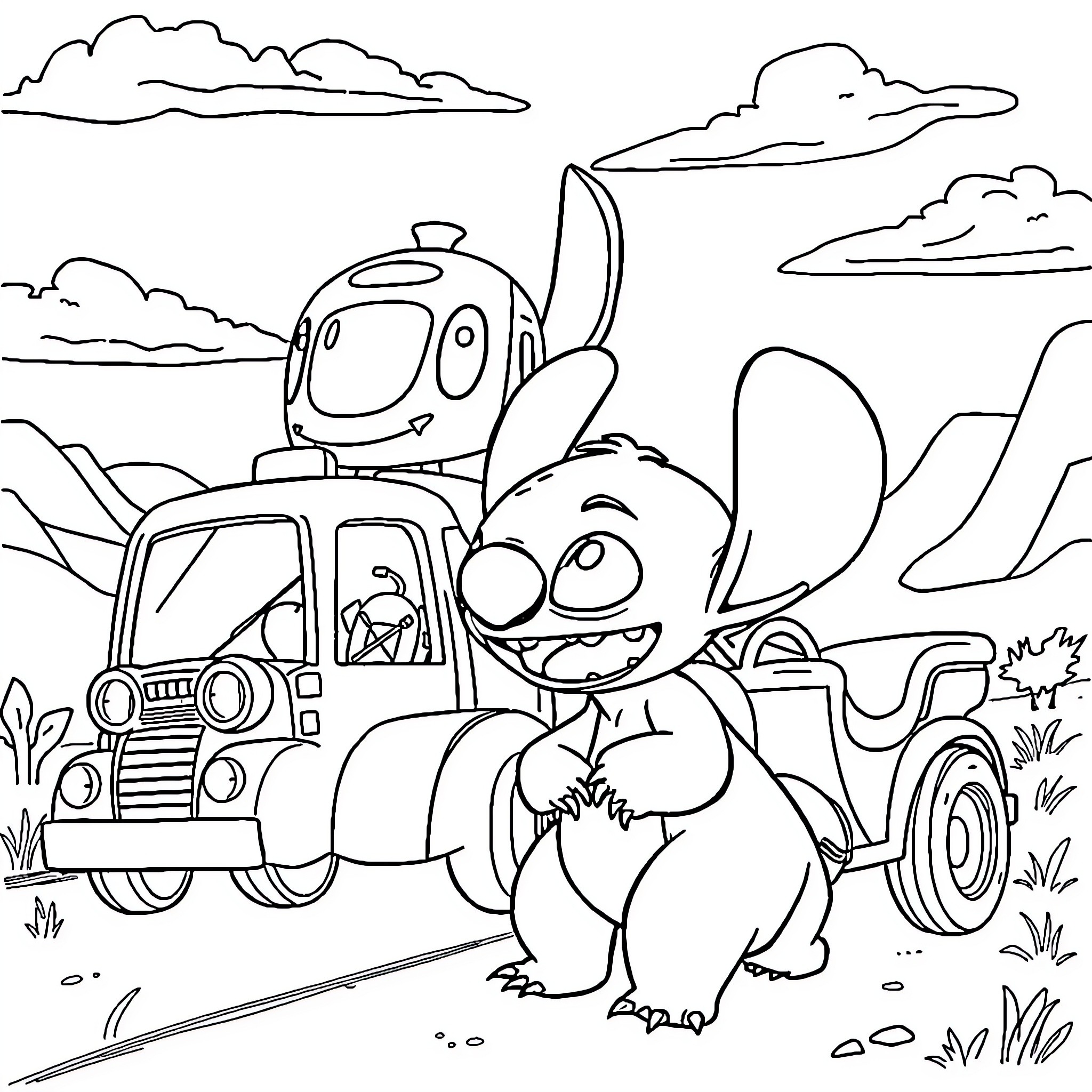 Patrol of playful cartoon characters in the wilderness Coloring Page (free black-and-white line drawing printable PDF for all, from beginners to advanced learners, including children, teens, adults, and seniors)