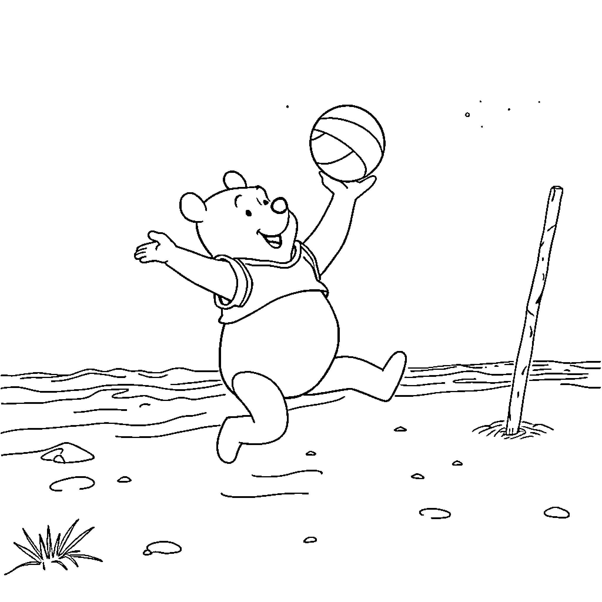 Winnie The Pooh playing joyfully on the beach Coloring Page (free black-and-white line drawing printable PDF for all, from beginners to advanced learners, including children, teens, adults, and seniors)