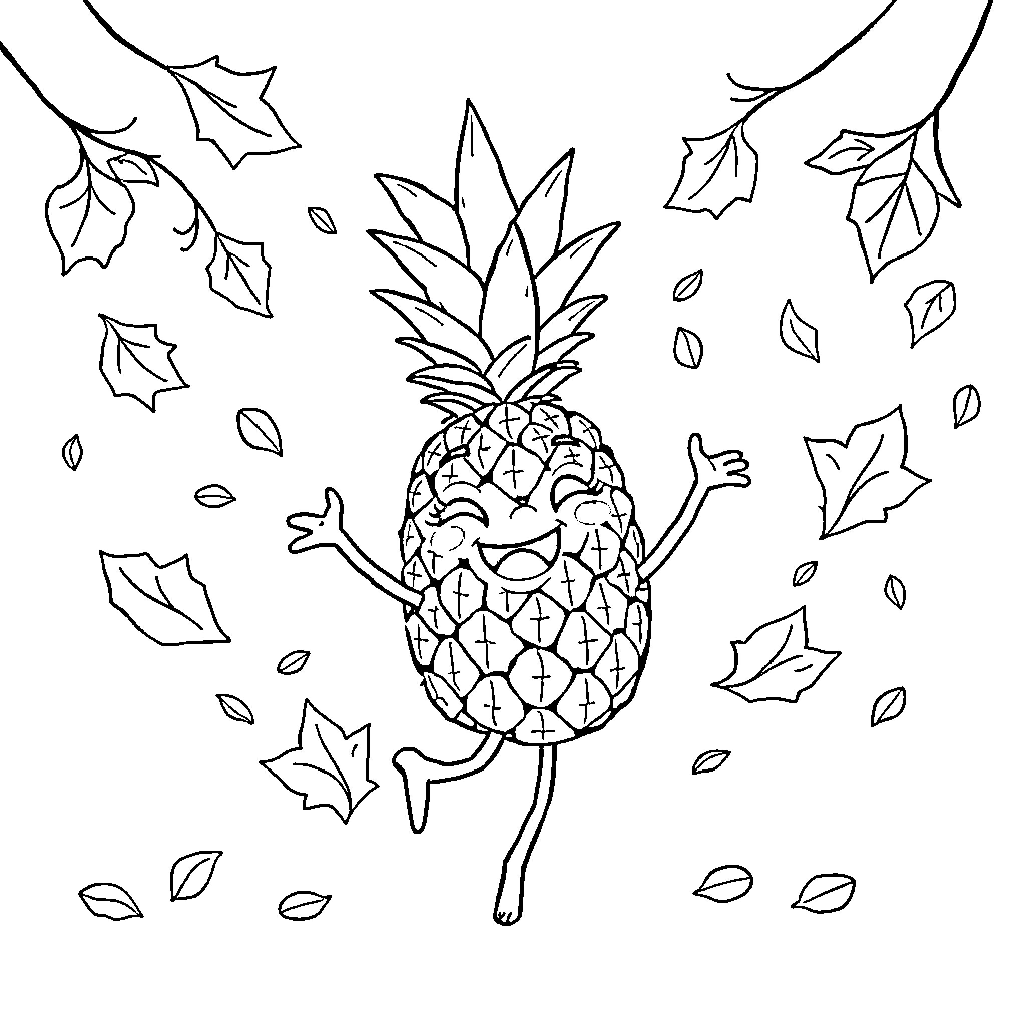 Pineapple character dancing with falling leaves Coloring Page (free black-and-white line drawing printable PDF for all, from beginners to advanced learners, including children, teens, adults, and seniors)