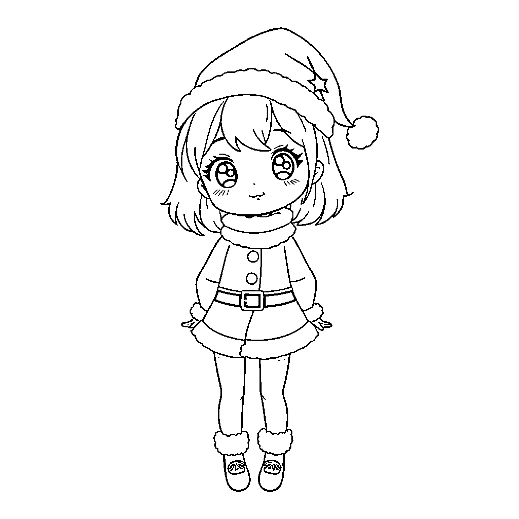 Kawaii Girl in Christmas Outfit Coloring Page (free black-and-white line drawing printable PDF for all, from beginners to advanced learners, including children, teens, adults, and seniors)