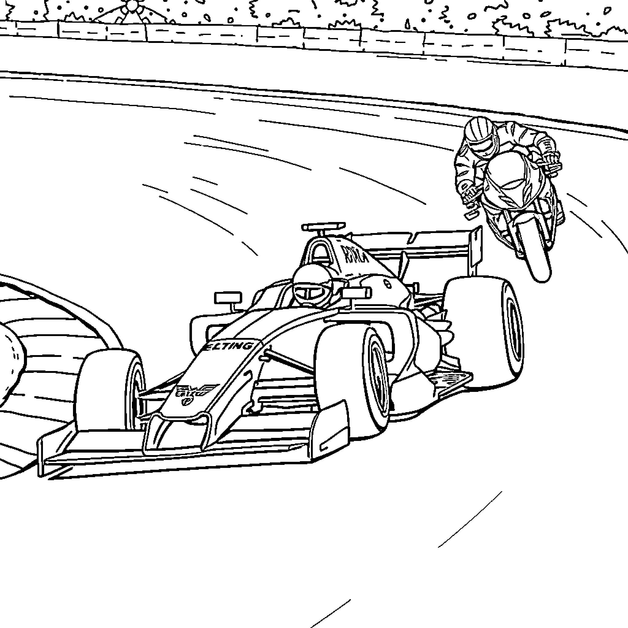 F1 Car Speeding on Racing Track with Pit Crew Coloring Page (free black-and-white line drawing printable PDF for all, from beginners to advanced learners, including children, teens, adults, and seniors)