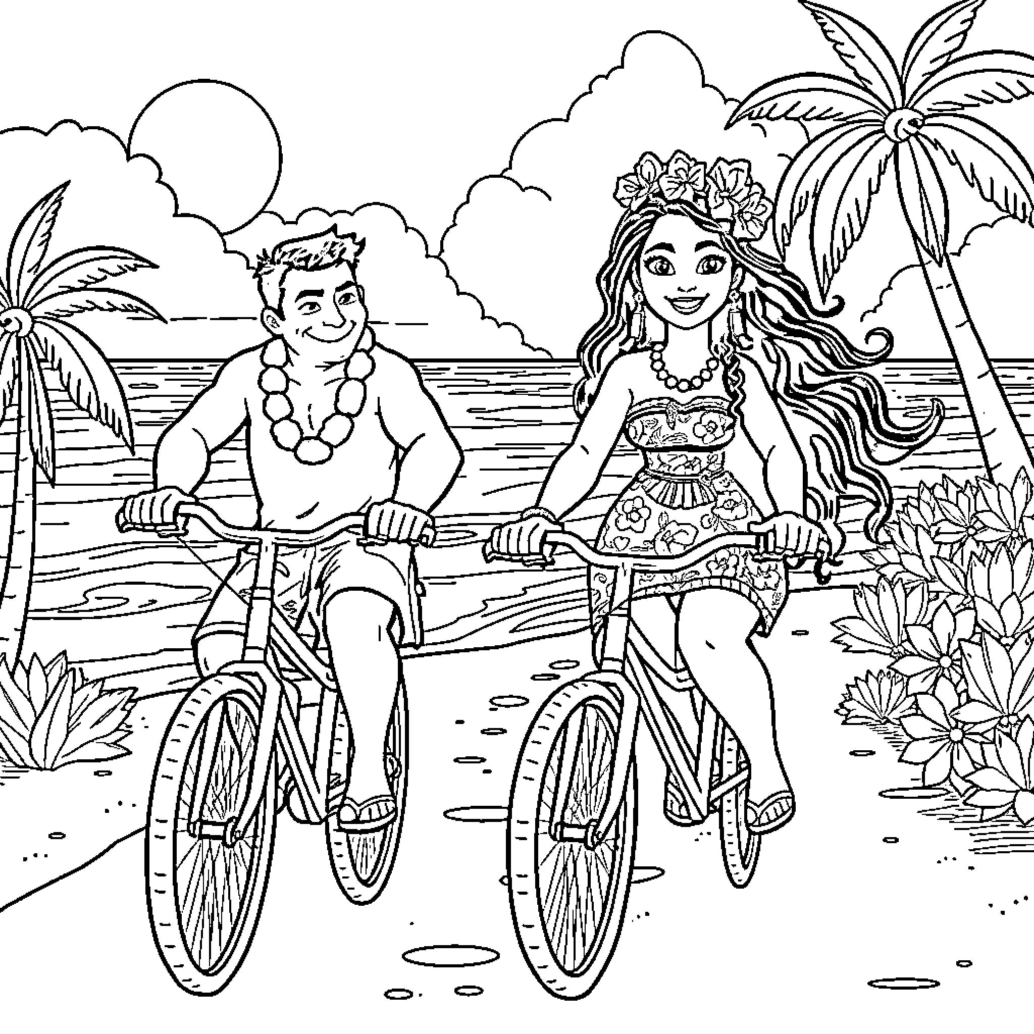 Moana and companion biking on beach with palm trees Coloring Page (free black-and-white line drawing printable PDF for all, from beginners to advanced learners, including children, teens, adults, and seniors)