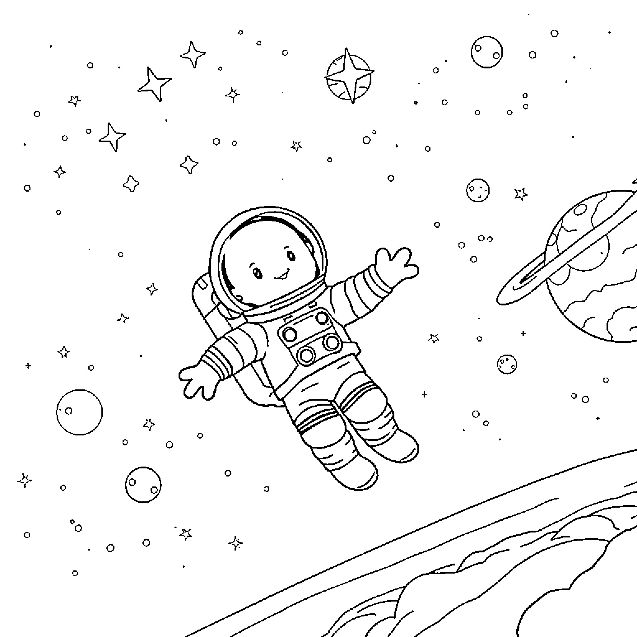 Labubu's Cosmic Adventure Coloring Page (free black-and-white line drawing printable PDF for all, from beginners to advanced learners, including children, teens, adults, and seniors)