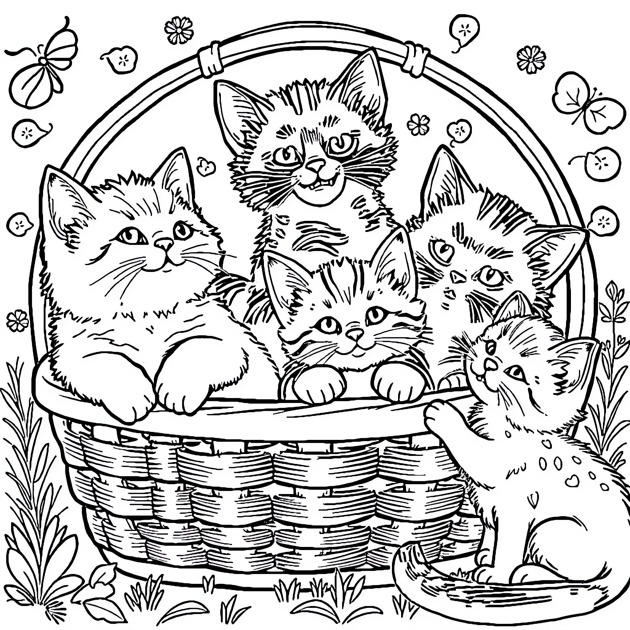 Kitten Basket Full of Playful Kittens Coloring Page (free black-and-white line drawing printable PDF for all, from beginners to advanced learners, including children, teens, adults, and seniors)