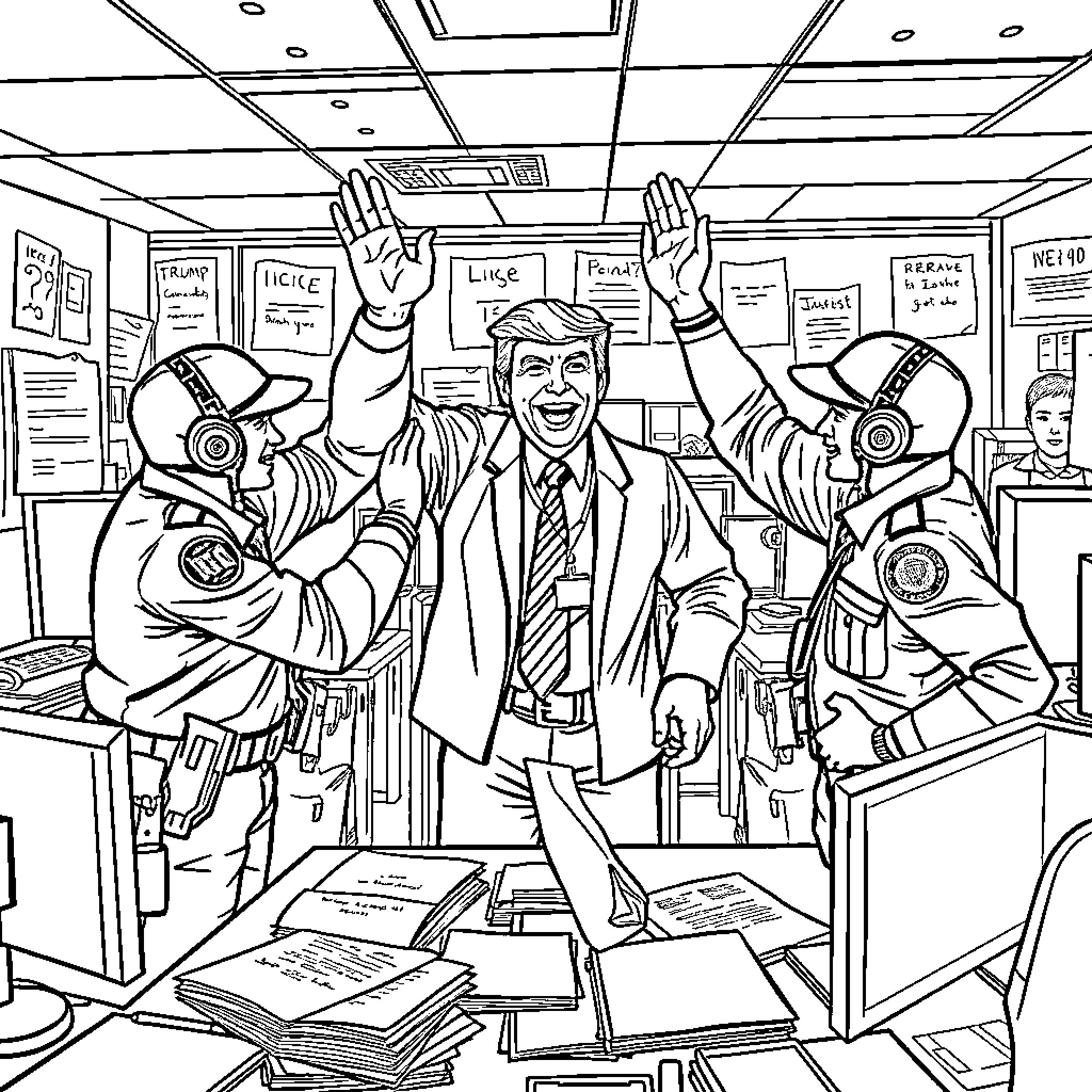 Ice Agent Celebrates Successful Mission in Office Coloring Page (free black-and-white line drawing printable PDF for all, from beginners to advanced learners, including children, teens, adults, and seniors)