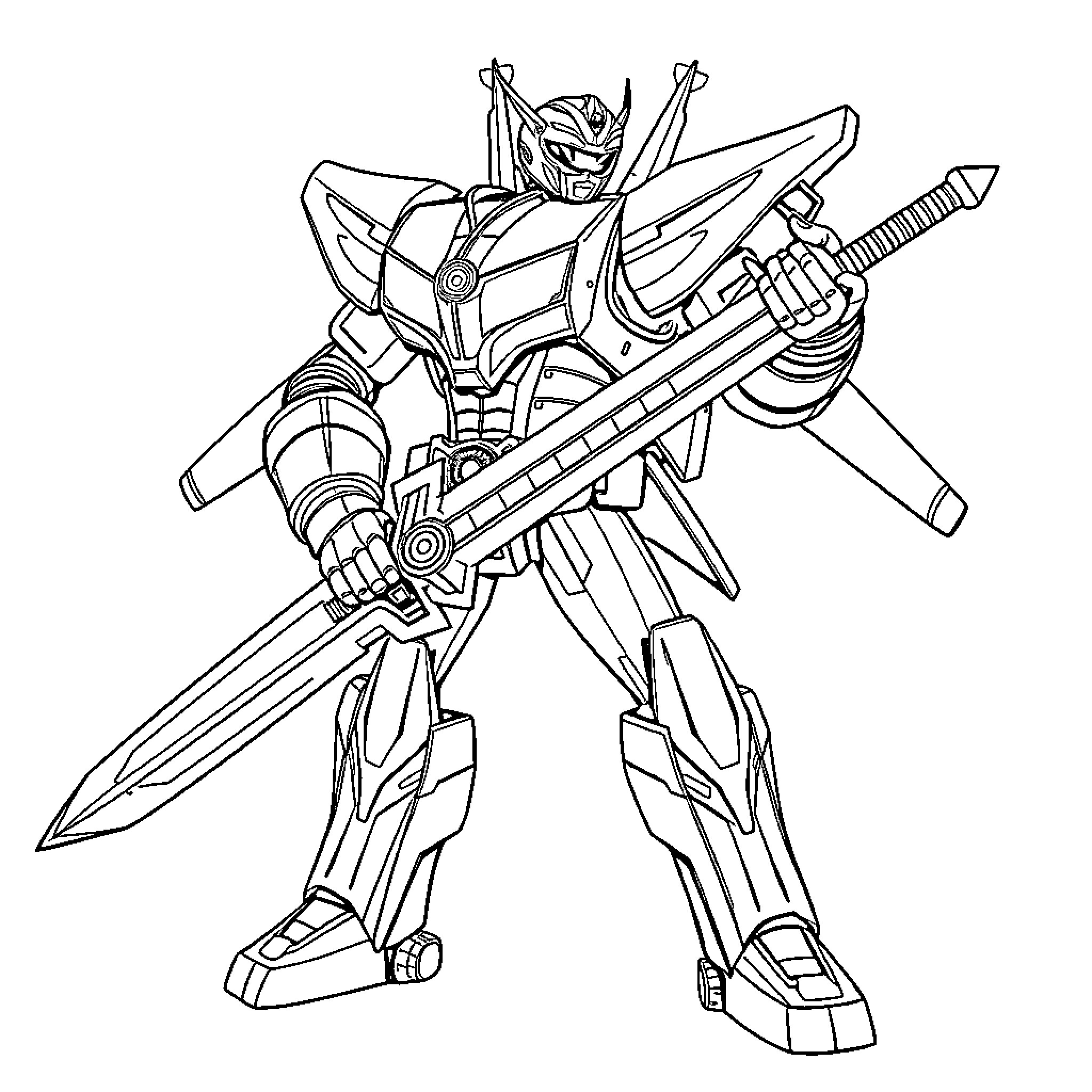 Power Ranger Mech with Futuristic Weaponry Coloring Page (free black-and-white line drawing printable PDF for all, from beginners to advanced learners, including children, teens, adults, and seniors)