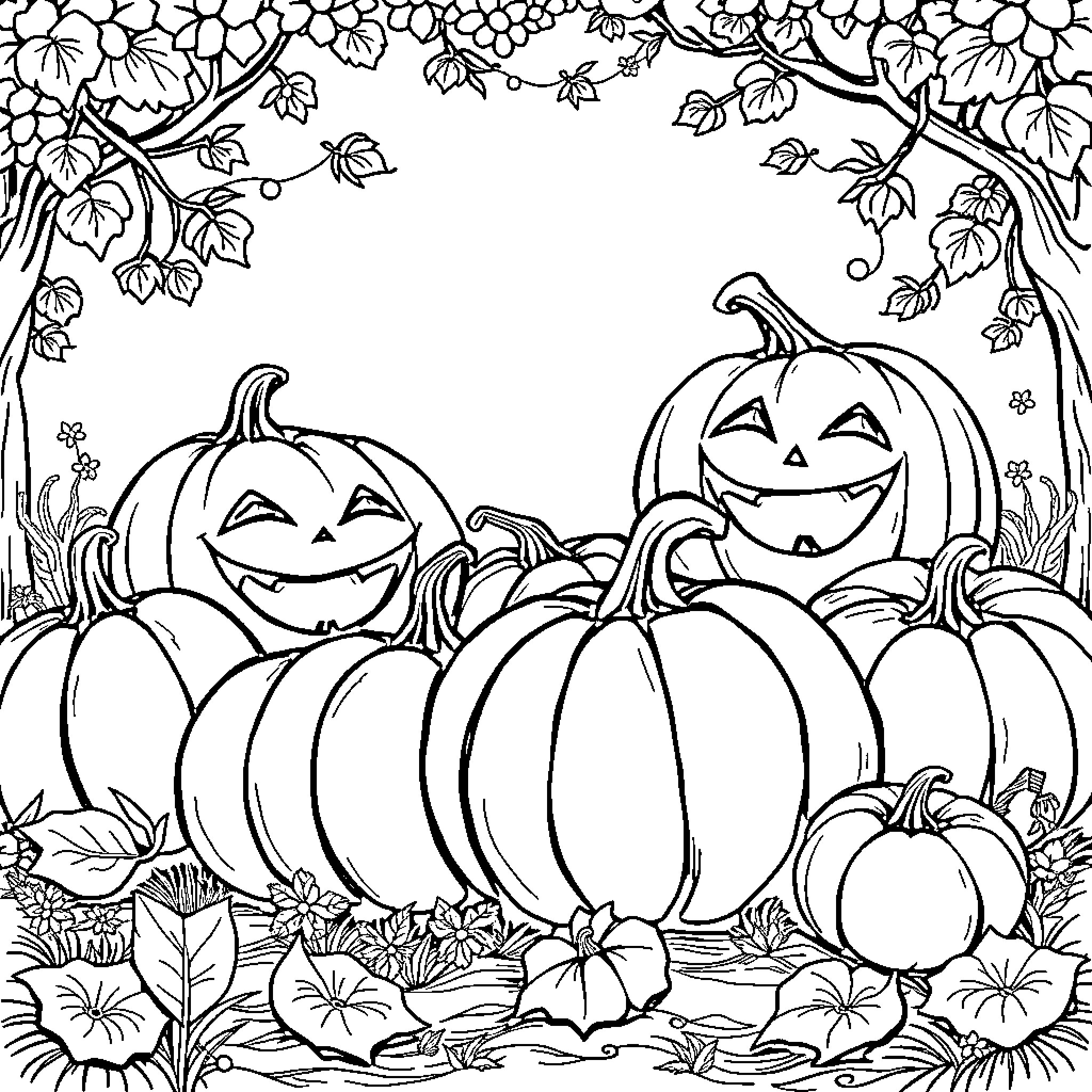 Pumpkins gathered in the autumn forest Coloring Page (free black-and-white line drawing printable PDF for all, from beginners to advanced learners, including children, teens, adults, and seniors)