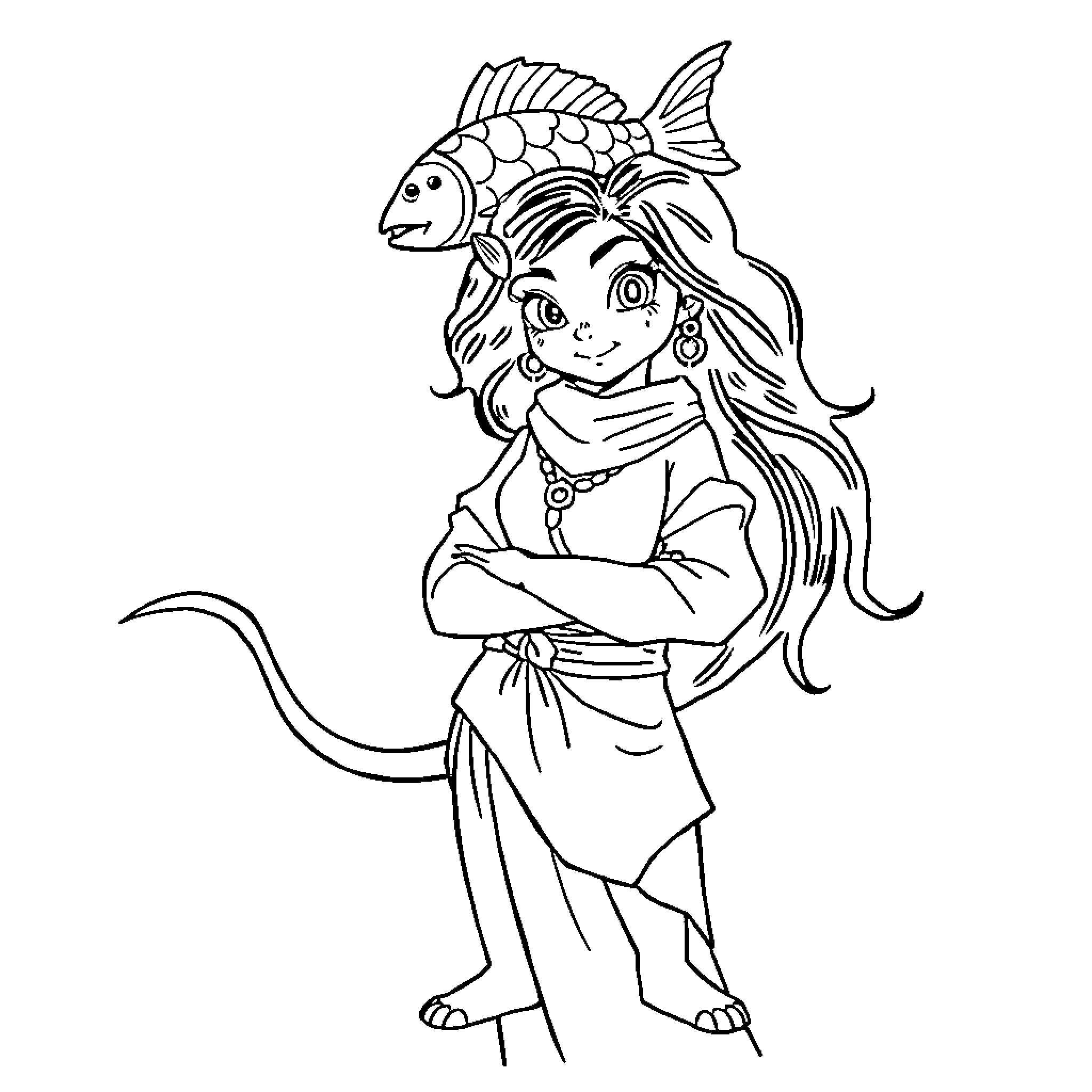 Rumi and the Magical Fish Companion Coloring Page (free black-and-white line drawing printable PDF for all, from beginners to advanced learners, including children, teens, adults, and seniors)