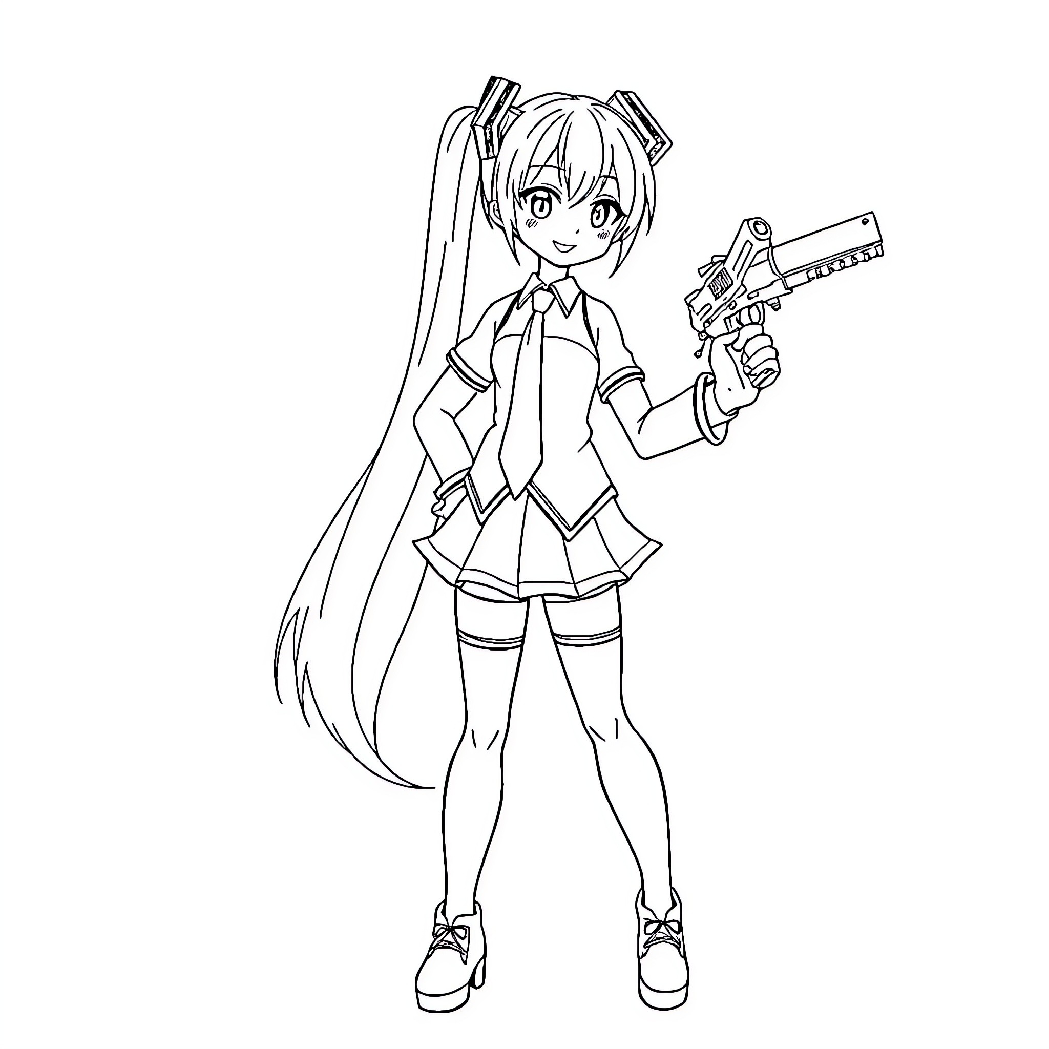 Hatsune Miku wielding a gun with a cheerful expression Coloring Page (free black-and-white line drawing printable PDF for all, from beginners to advanced learners, including children, teens, adults, and seniors)
