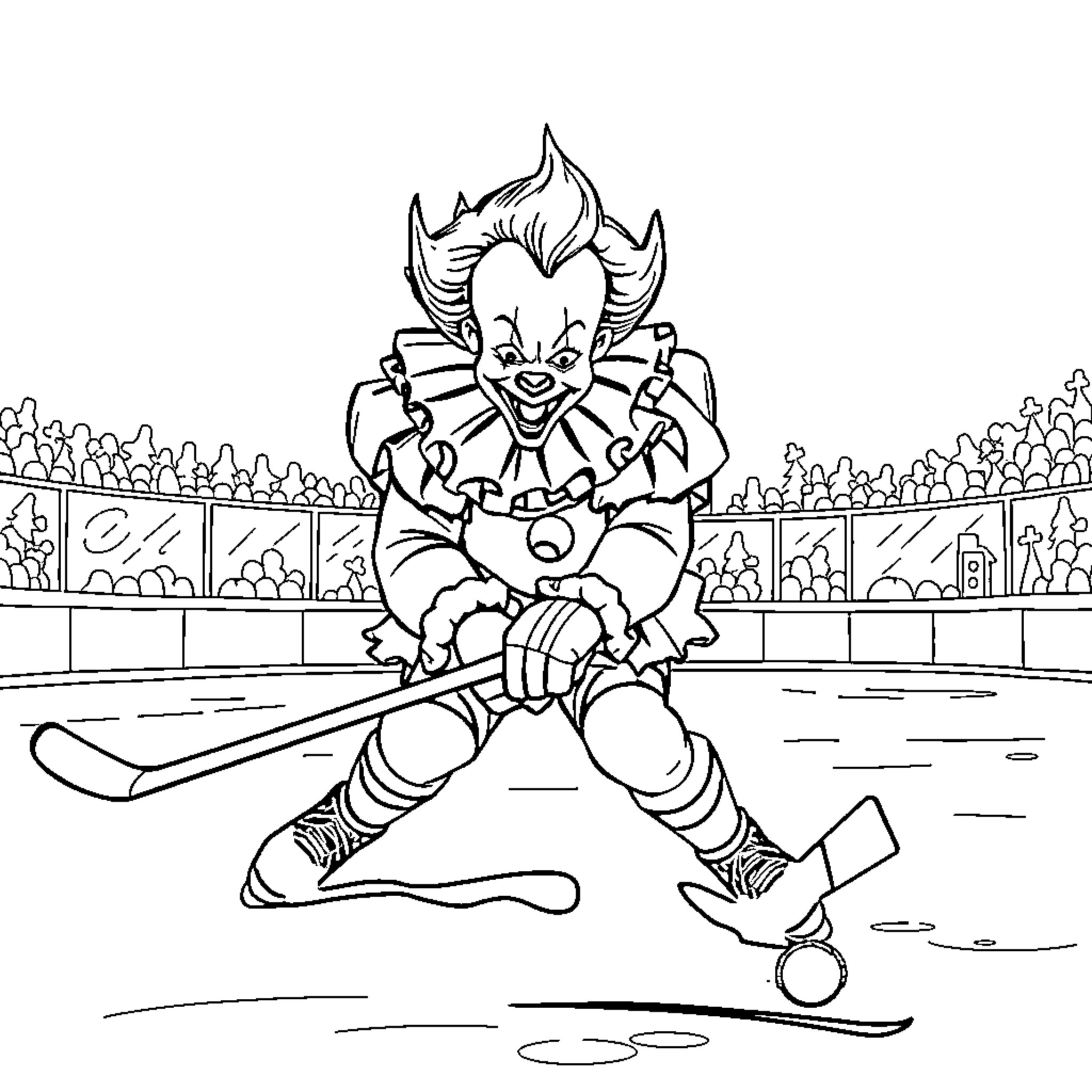 Pennywise the Clown in a Hockey Arena Coloring Page (free black-and-white line drawing printable PDF for all, from beginners to advanced learners, including children, teens, adults, and seniors)