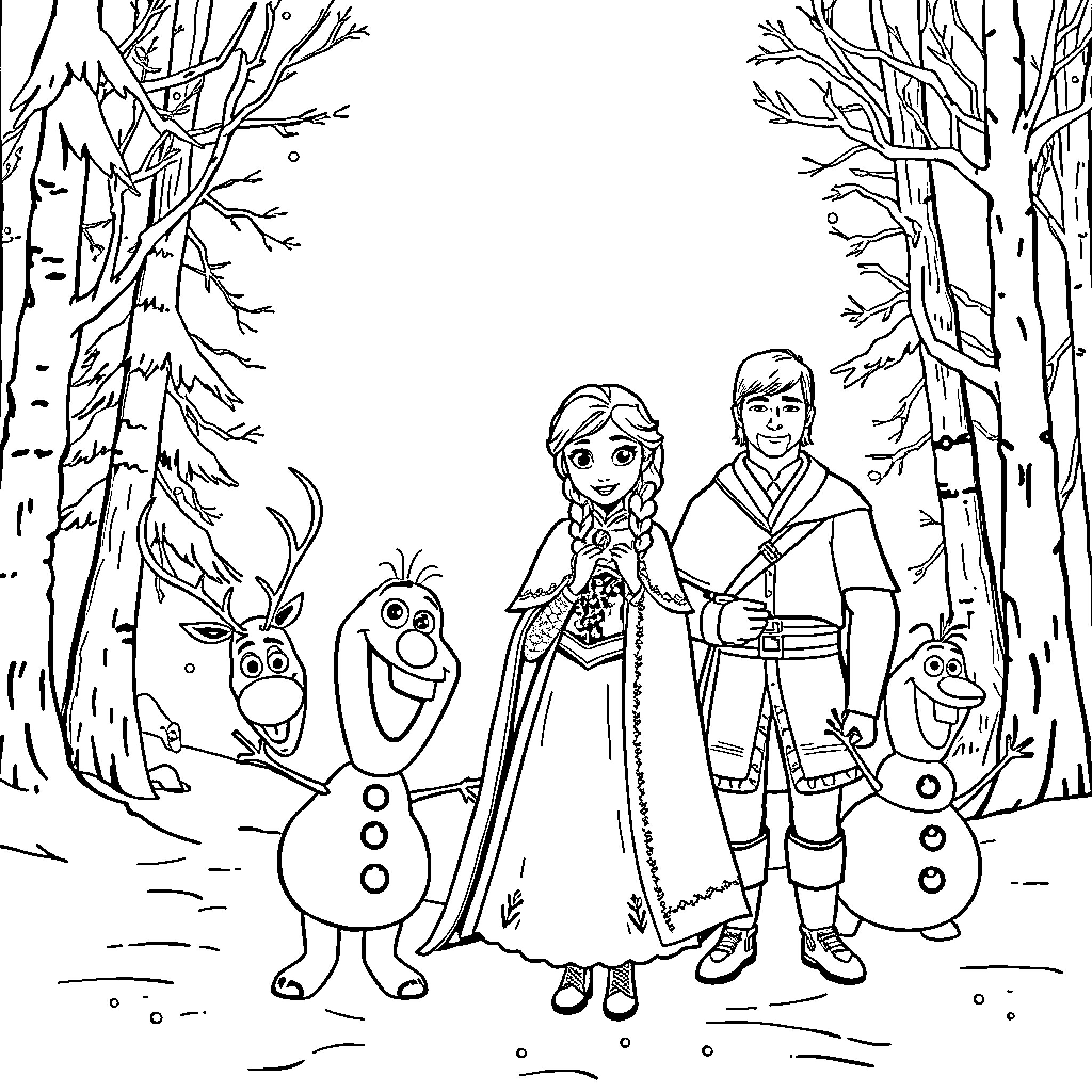Elsa and Kristoff explore the wintry forest with Olaf and Sven Coloring Page (free black-and-white line drawing printable PDF for all, from beginners to advanced learners, including children, teens, adults, and seniors)