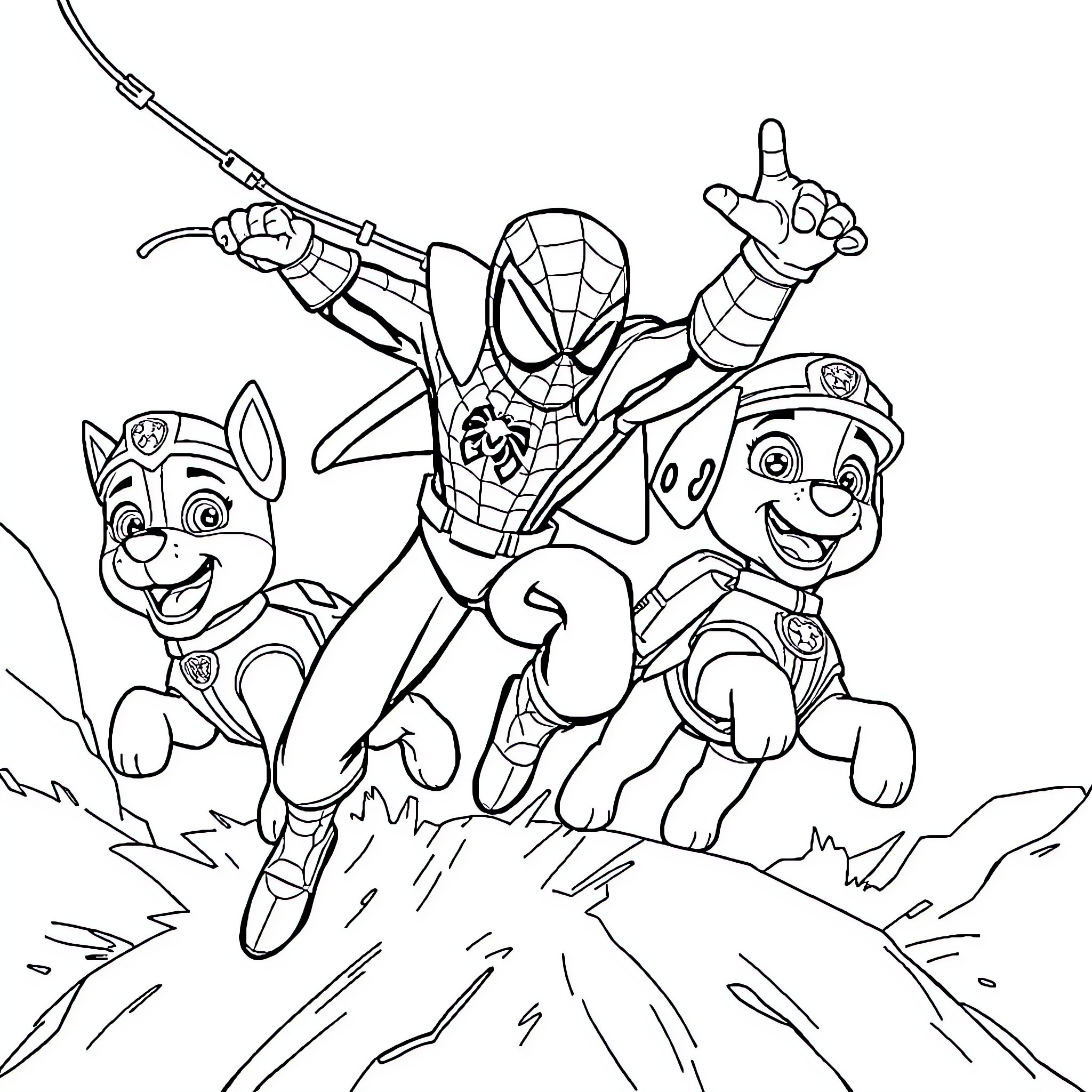 Spiderman teams up with Paw Patrol heroes for action-packed adventure Coloring Page (free black-and-white line drawing printable PDF for all, from beginners to advanced learners, including children, teens, adults, and seniors)