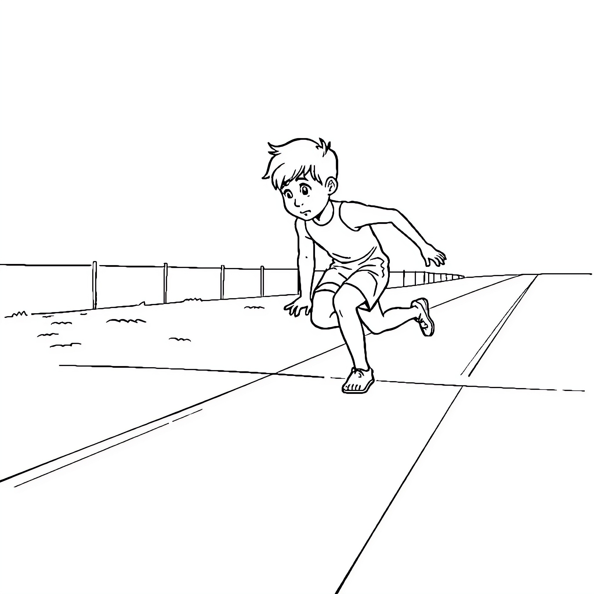 Boy running energetically on track Coloring Page (free black-and-white line drawing printable PDF for all, from beginners to advanced learners, including children, teens, adults, and seniors)