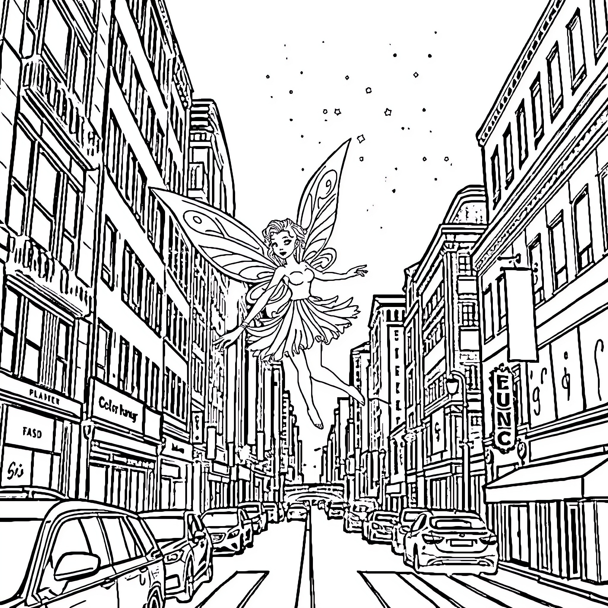Fairy soaring above the bustling city streets Coloring Page (free black-and-white line drawing printable PDF for all, from beginners to advanced learners, including children, teens, adults, and seniors)