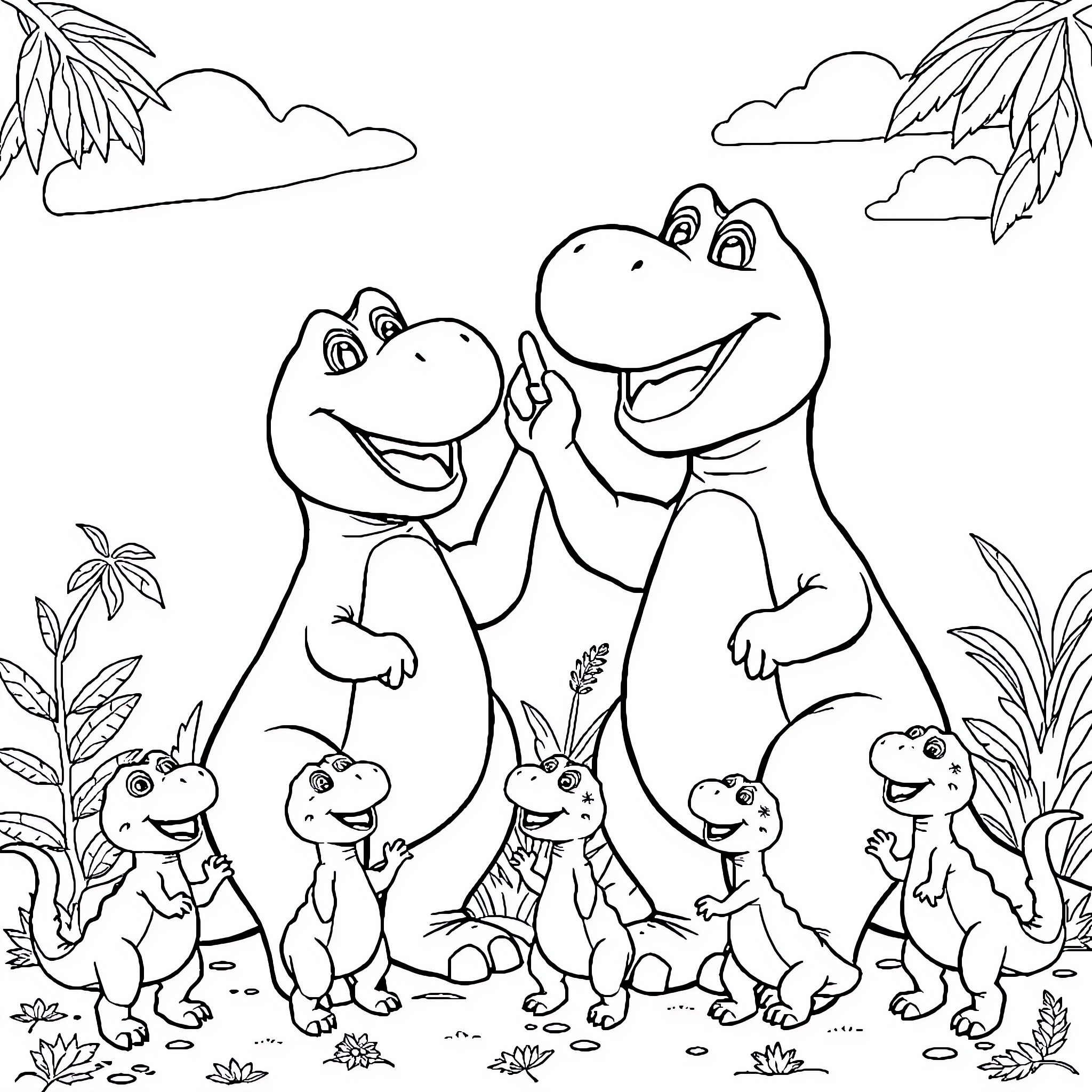 Barney and Friends Enjoying Outdoor Adventure Coloring Page (free black-and-white line drawing printable PDF for all, from beginners to advanced learners, including children, teens, adults, and seniors)