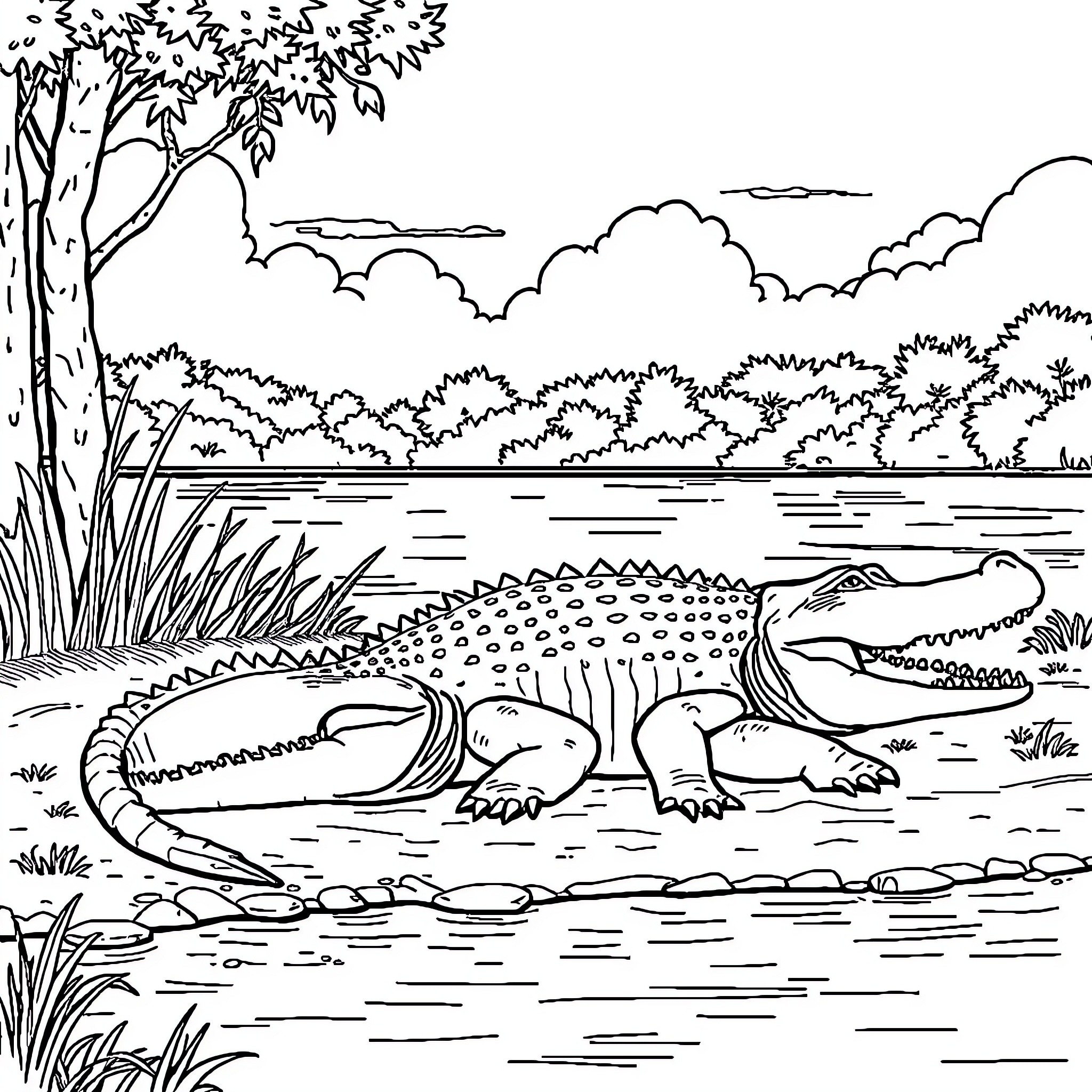 Crocodiles lounging by the river Coloring Page (free black-and-white line drawing printable PDF for all, from beginners to advanced learners, including children, teens, adults, and seniors)