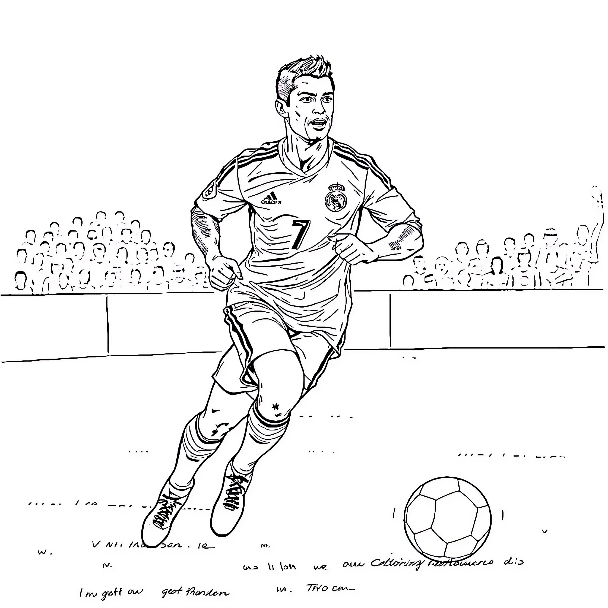 Cristiano Ronaldo playing soccer on the field Coloring Page (free black-and-white line drawing printable PDF for all, from beginners to advanced learners, including children, teens, adults, and seniors)