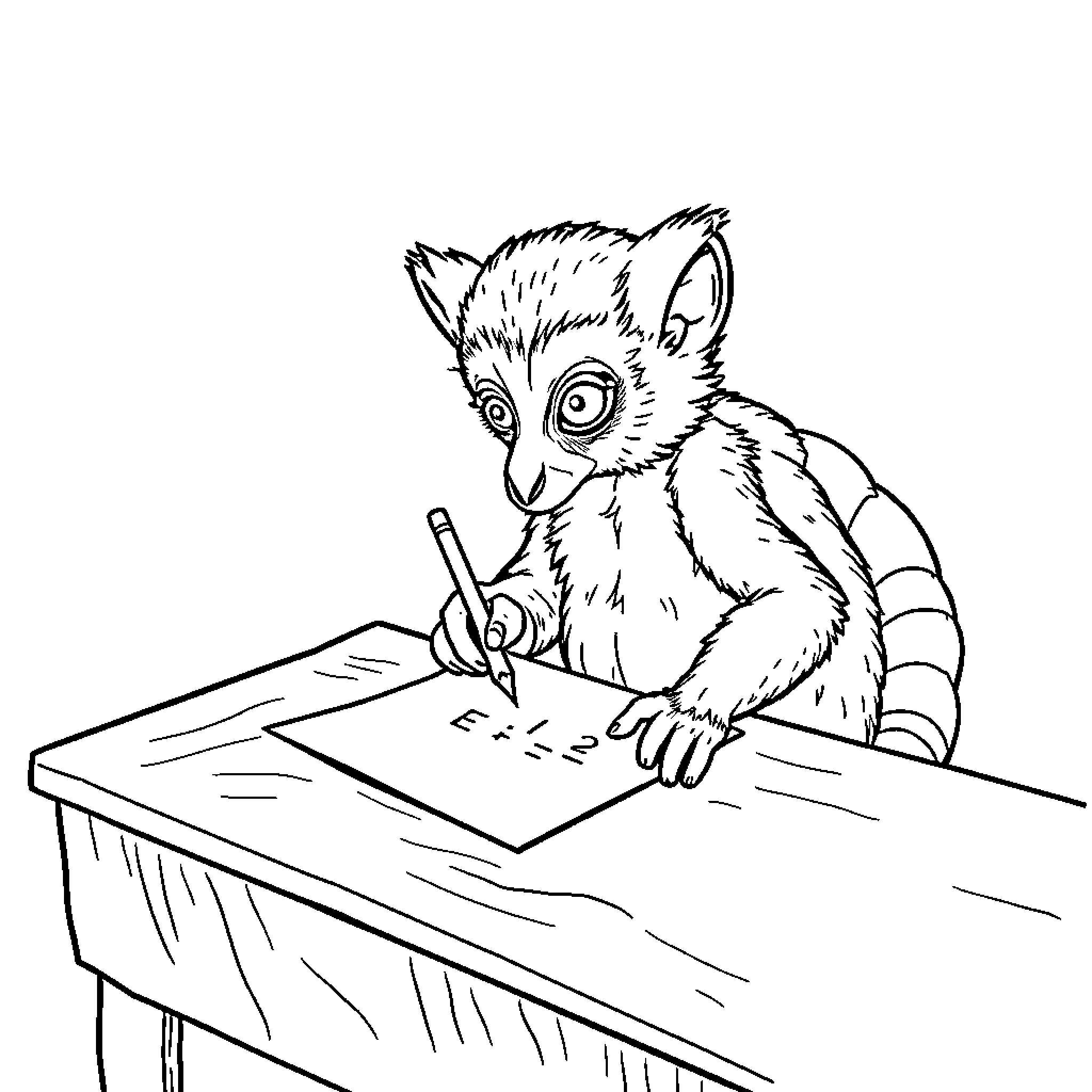 Lemur studying intently on a desk Coloring Page (free black-and-white line drawing printable PDF for all, from beginners to advanced learners, including children, teens, adults, and seniors)