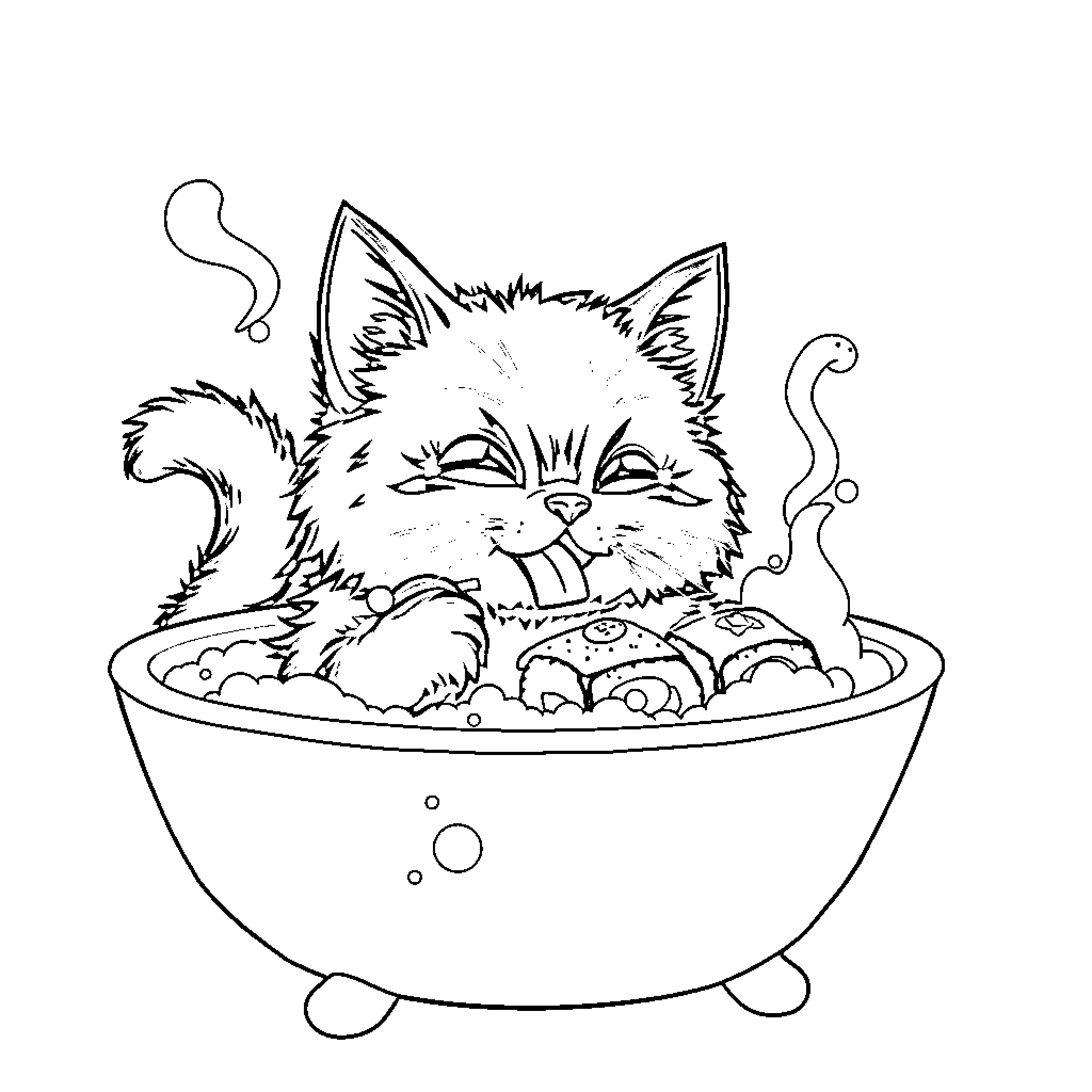 Cat soaking in a relaxing bath Coloring Page (free black-and-white line drawing printable PDF for all, from beginners to advanced learners, including children, teens, adults, and seniors)