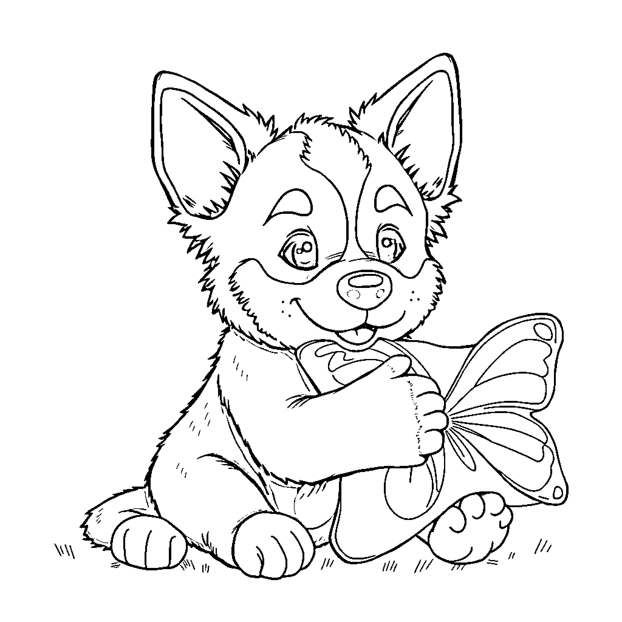 Bluey playing with butterfly friend Coloring Page (free black-and-white line drawing printable PDF for all, from beginners to advanced learners, including children, teens, adults, and seniors)