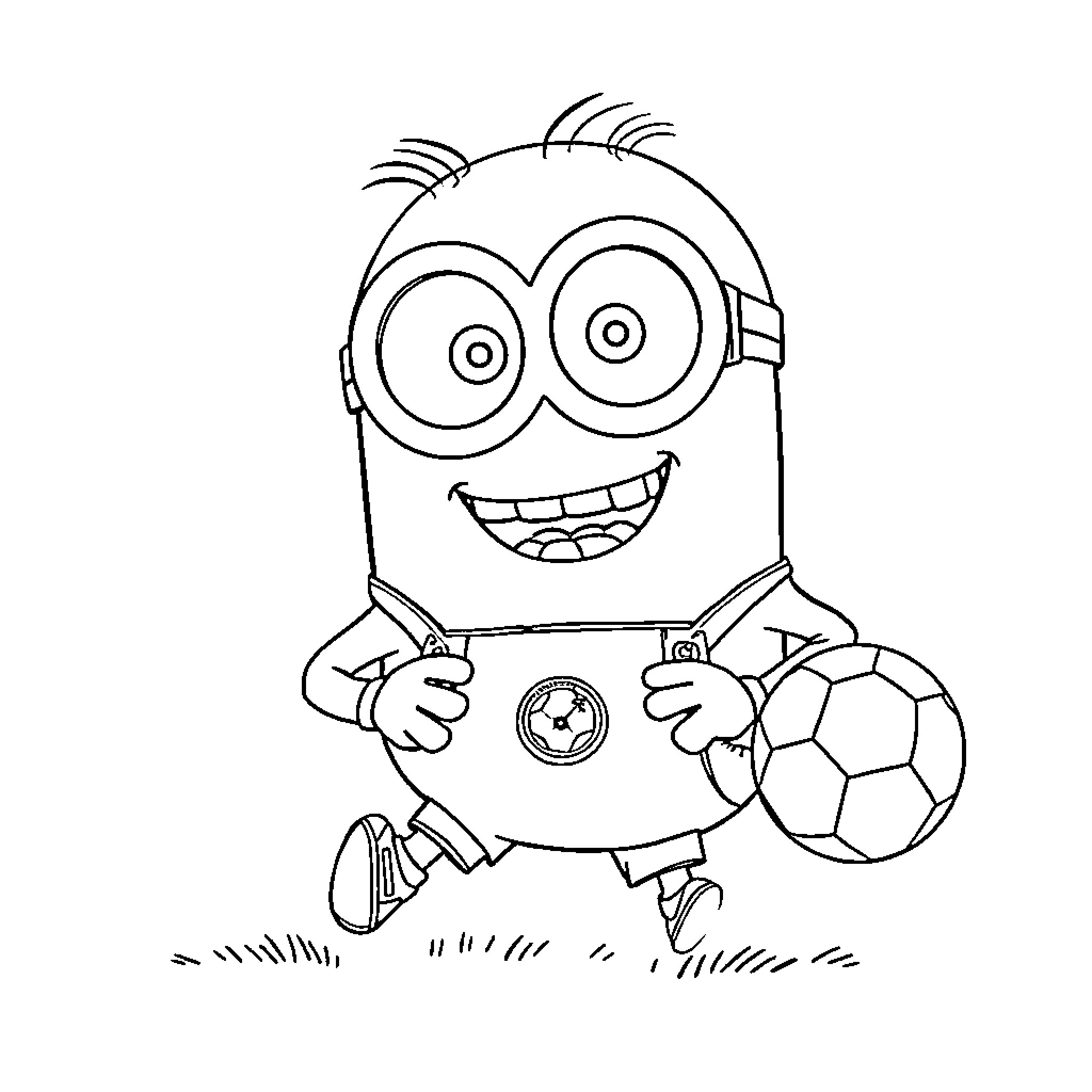 Minion playing with soccer ball excitedly Coloring Page (free black-and-white line drawing printable PDF for all, from beginners to advanced learners, including children, teens, adults, and seniors)