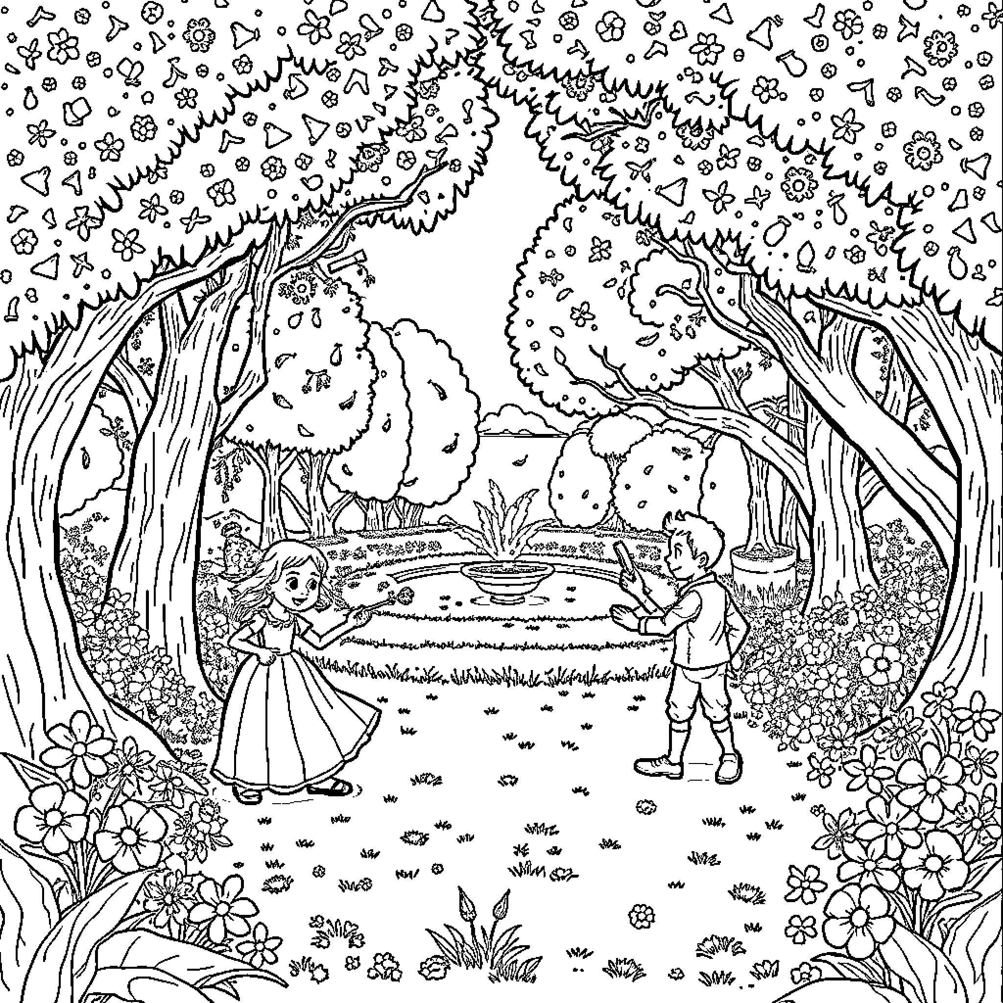 Zenón's Characters Enjoying a Whimsical Outdoor Adventure Coloring Page (free black-and-white line drawing printable PDF for all, from beginners to advanced learners, including children, teens, adults, and seniors)