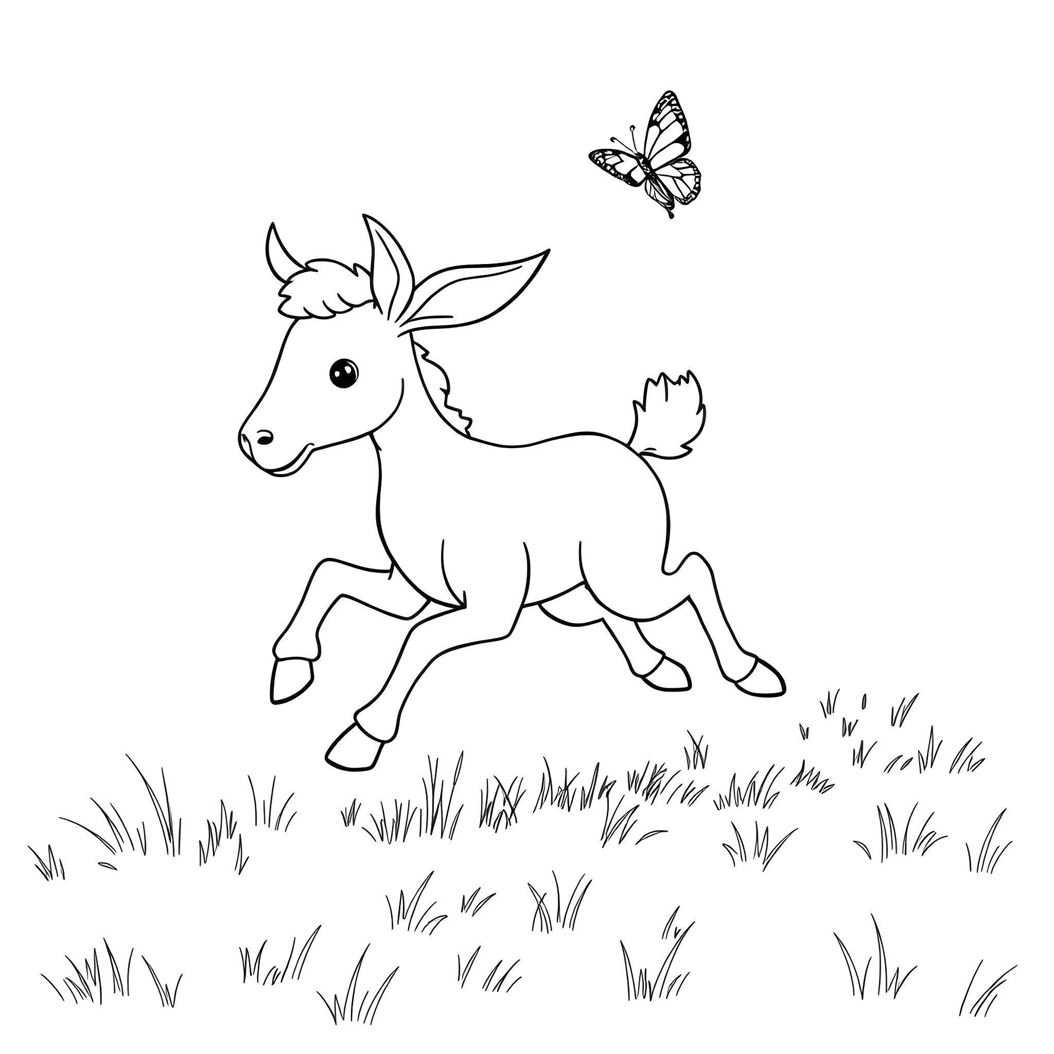 Dog running playfully with butterfly in field Coloring Page (free black-and-white line drawing printable PDF for all, from beginners to advanced learners, including children, teens, adults, and seniors)