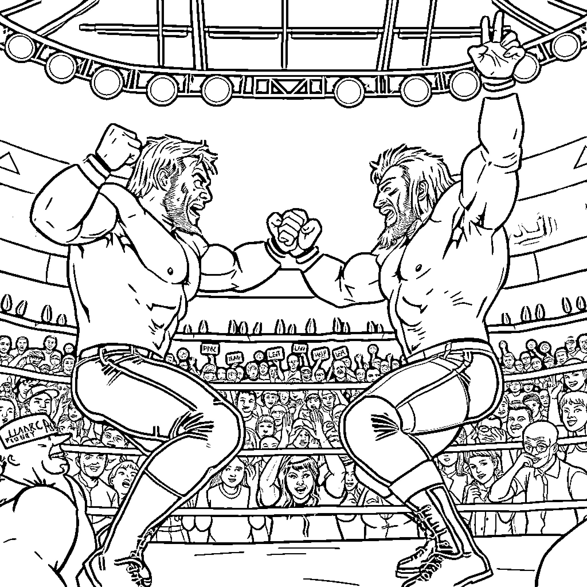 Wrestling match in a packed stadium Coloring Page (free black-and-white line drawing printable PDF for all, from beginners to advanced learners, including children, teens, adults, and seniors)