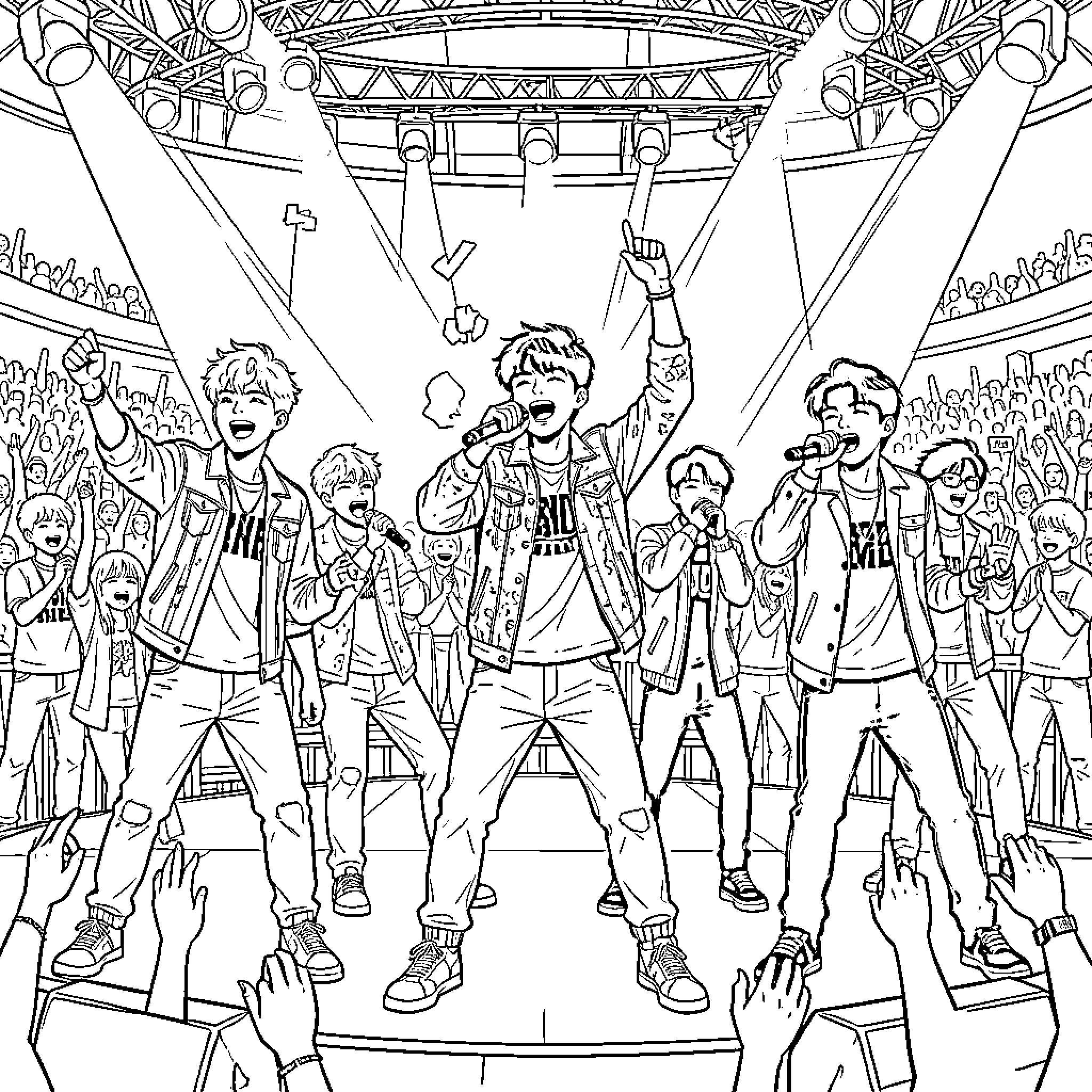 Saja Boys performing energetically on a concert stage Coloring Page (free black-and-white line drawing printable PDF for all, from beginners to advanced learners, including children, teens, adults, and seniors)