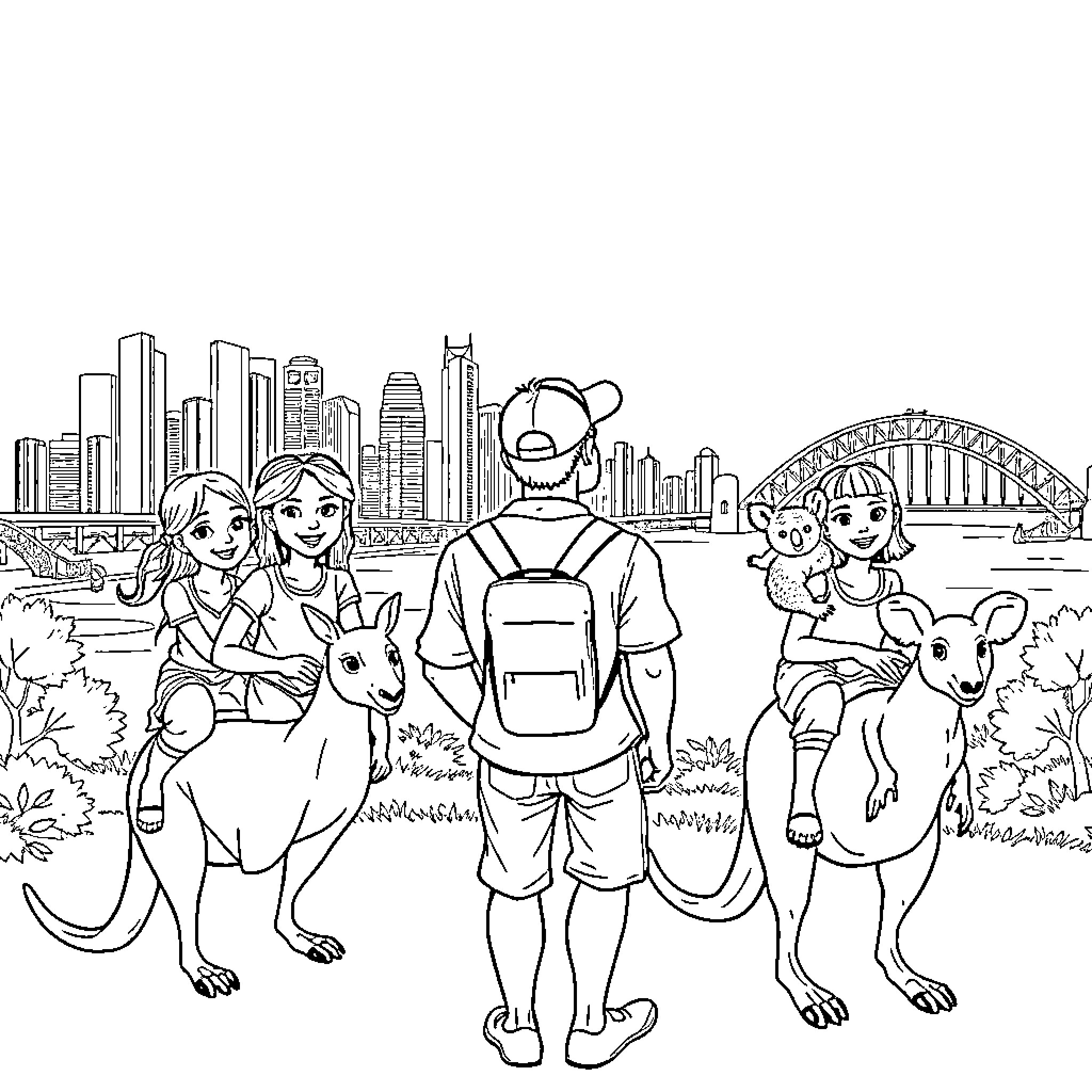 Girl explores the city with animal companions Coloring Page (free black-and-white line drawing printable PDF for all, from beginners to advanced learners, including children, teens, adults, and seniors)