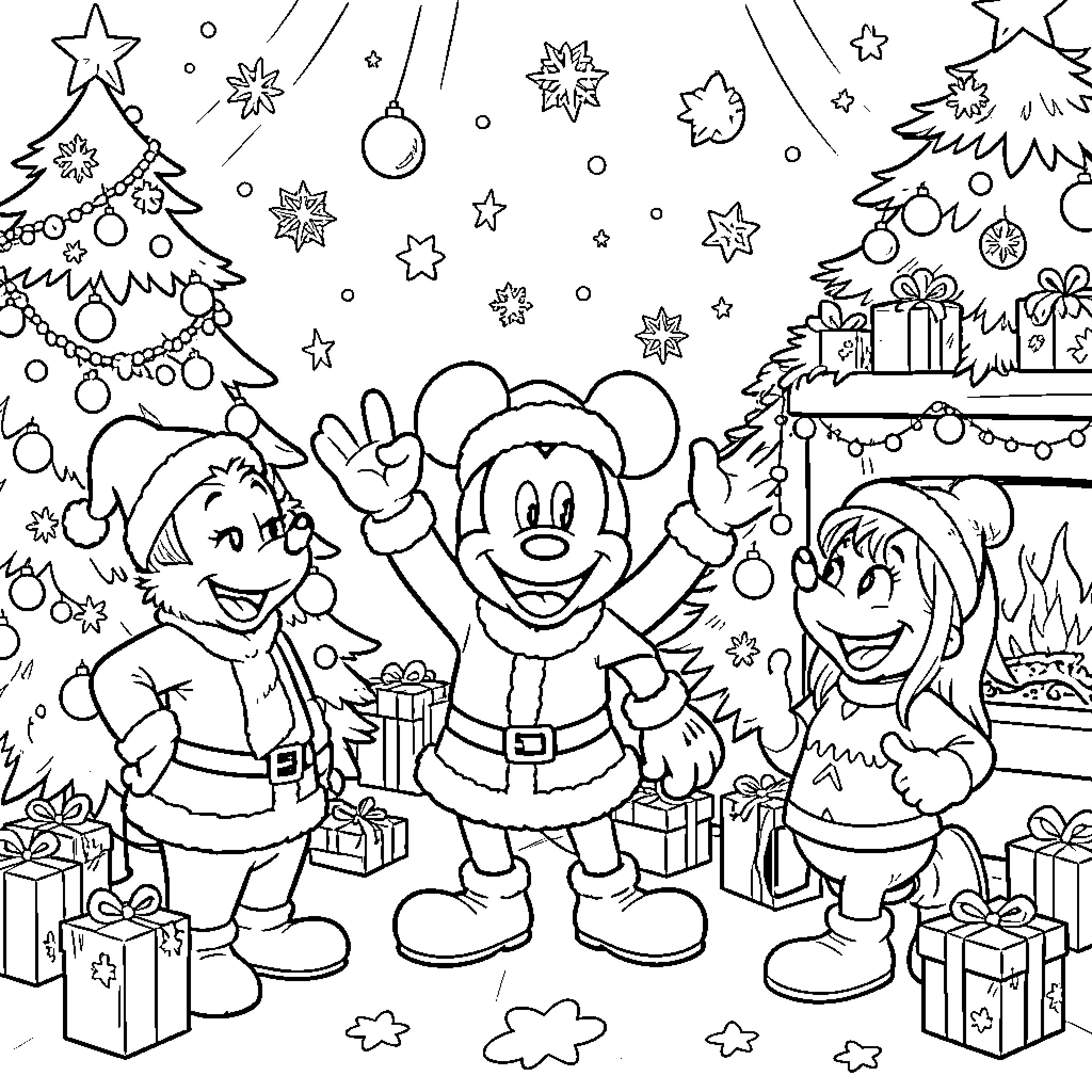 Mickey celebrating joyfully surrounded by festive holiday decorations Coloring Page (free black-and-white line drawing printable PDF for all, from beginners to advanced learners, including children, teens, adults, and seniors)