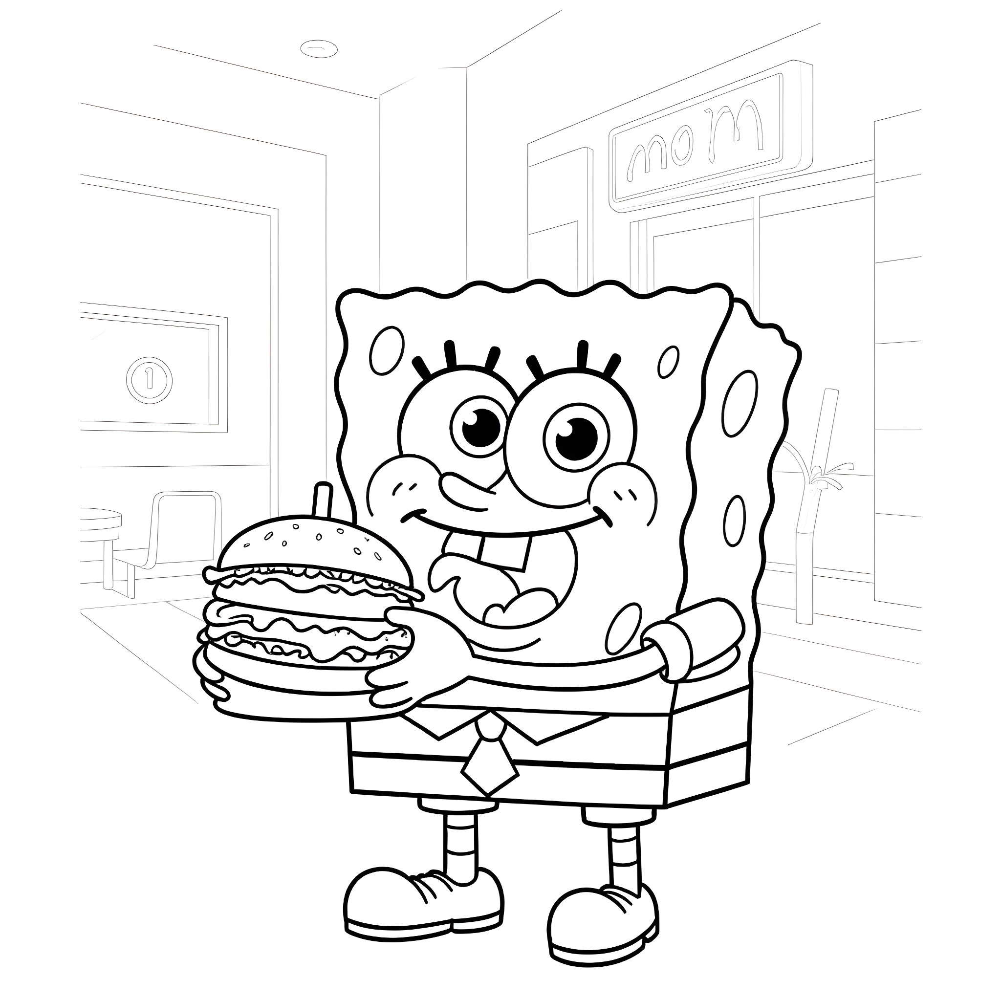 Spongebob holding a hamburger inside a store Coloring Page (free black-and-white line drawing printable PDF for all, from beginners to advanced learners, including children, teens, adults, and seniors)