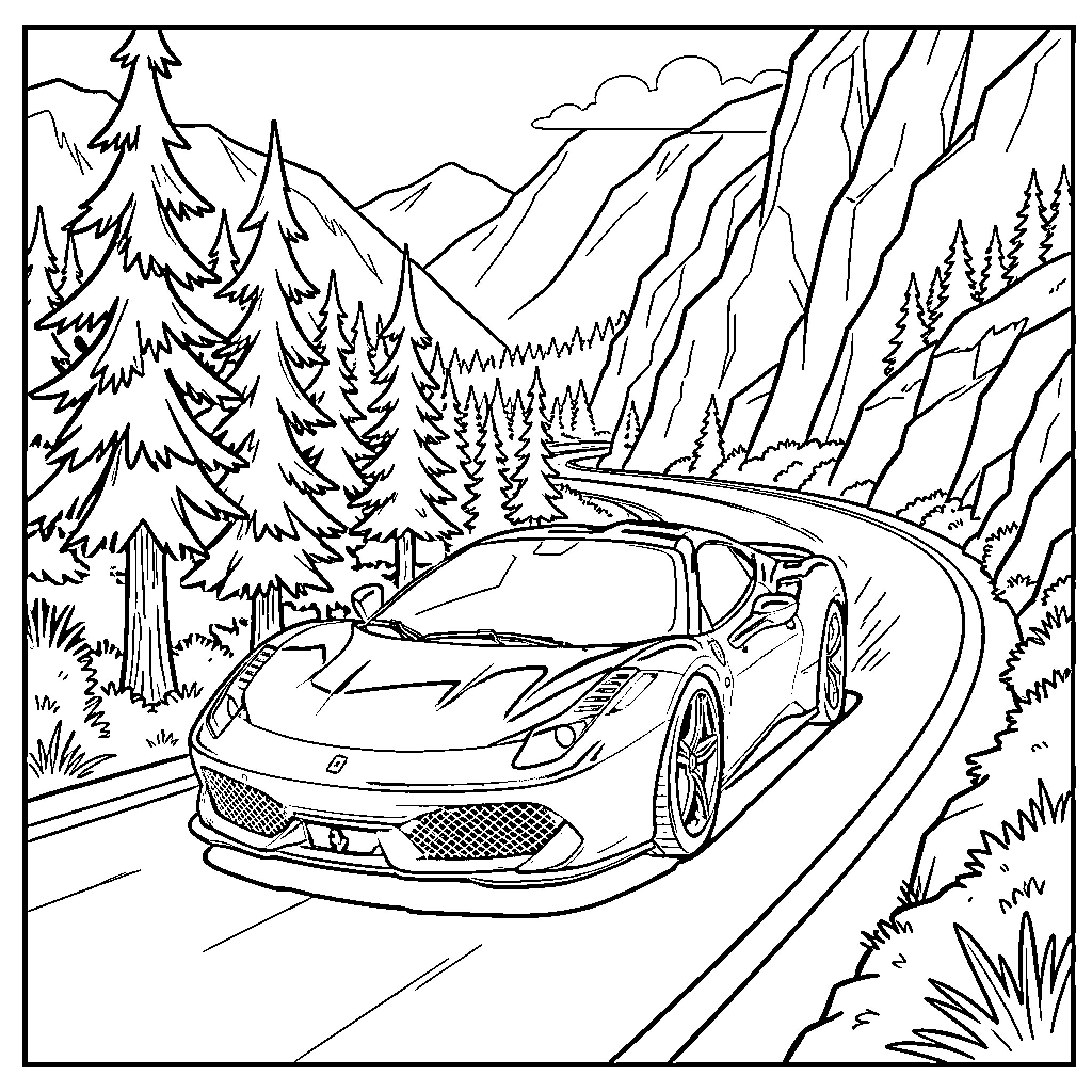 Ferrari sports car driving through scenic mountain landscape Coloring Page (free black-and-white line drawing printable PDF for all, from beginners to advanced learners, including children, teens, adults, and seniors)