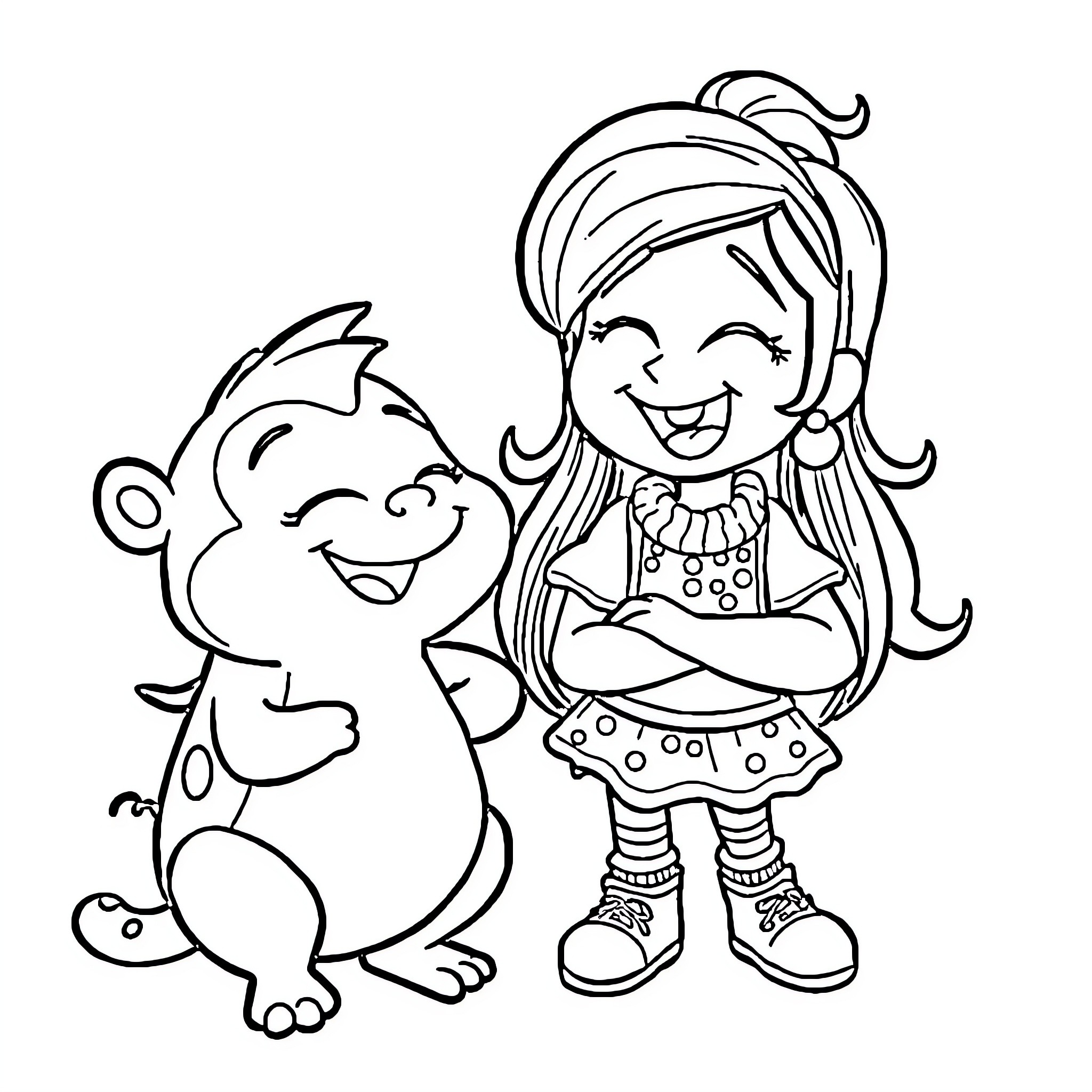 Ping and Monkey Playing Together Coloring Page (free black-and-white line drawing printable PDF for all, from beginners to advanced learners, including children, teens, adults, and seniors)