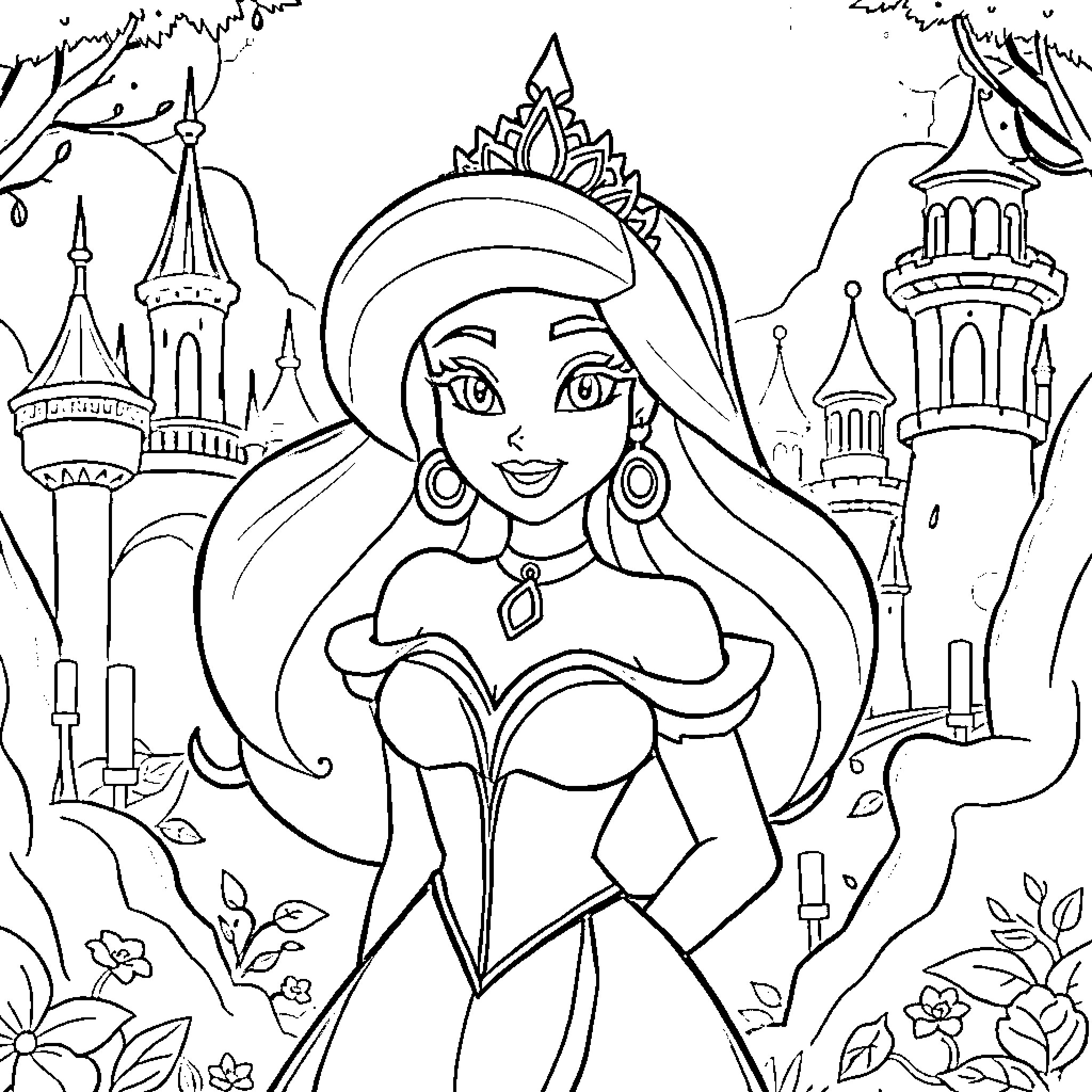 Jazmine's Enchanting Royal Adventure Coloring Page (free black-and-white line drawing printable PDF for all, from beginners to advanced learners, including children, teens, adults, and seniors)