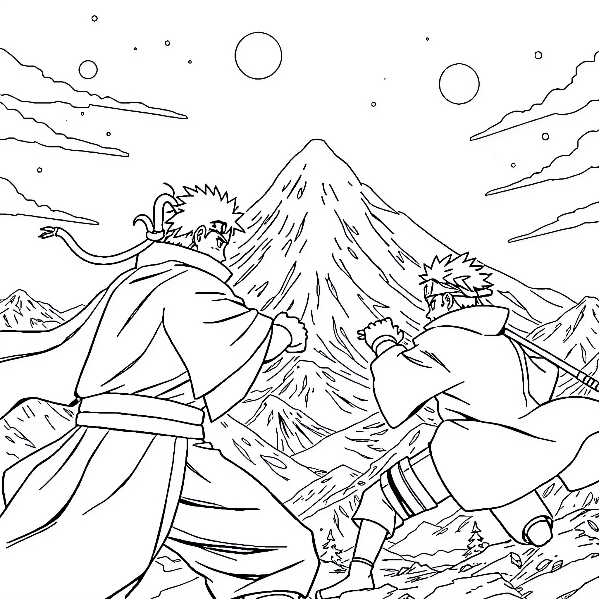 Gojo Traversing the Mountainous Landscape Coloring Page (free black-and-white line drawing printable PDF for all, from beginners to advanced learners, including children, teens, adults, and seniors)