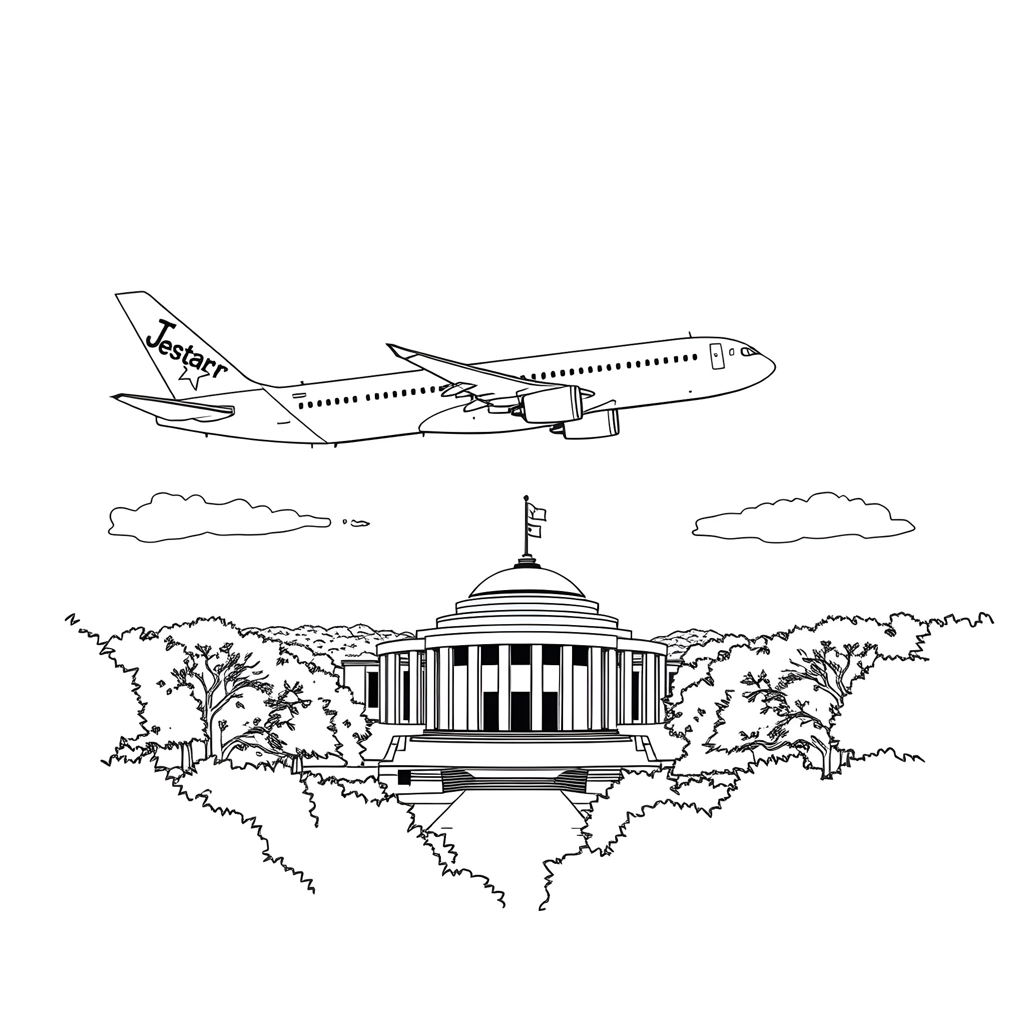 Jetstar Plane flying over Capitol Building Coloring Page (free black-and-white line drawing printable PDF for all, from beginners to advanced learners, including children, teens, adults, and seniors)
