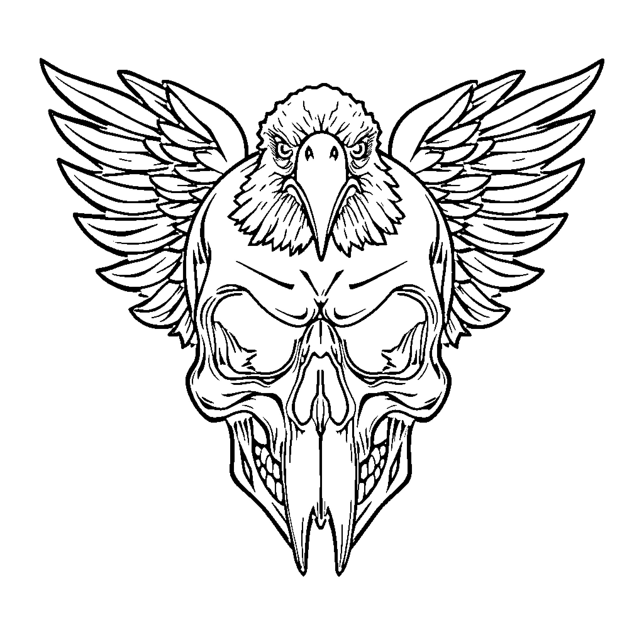 Skull with fierce eagle-like wings Coloring Page (free black-and-white line drawing printable PDF for all, from beginners to advanced learners, including children, teens, adults, and seniors)