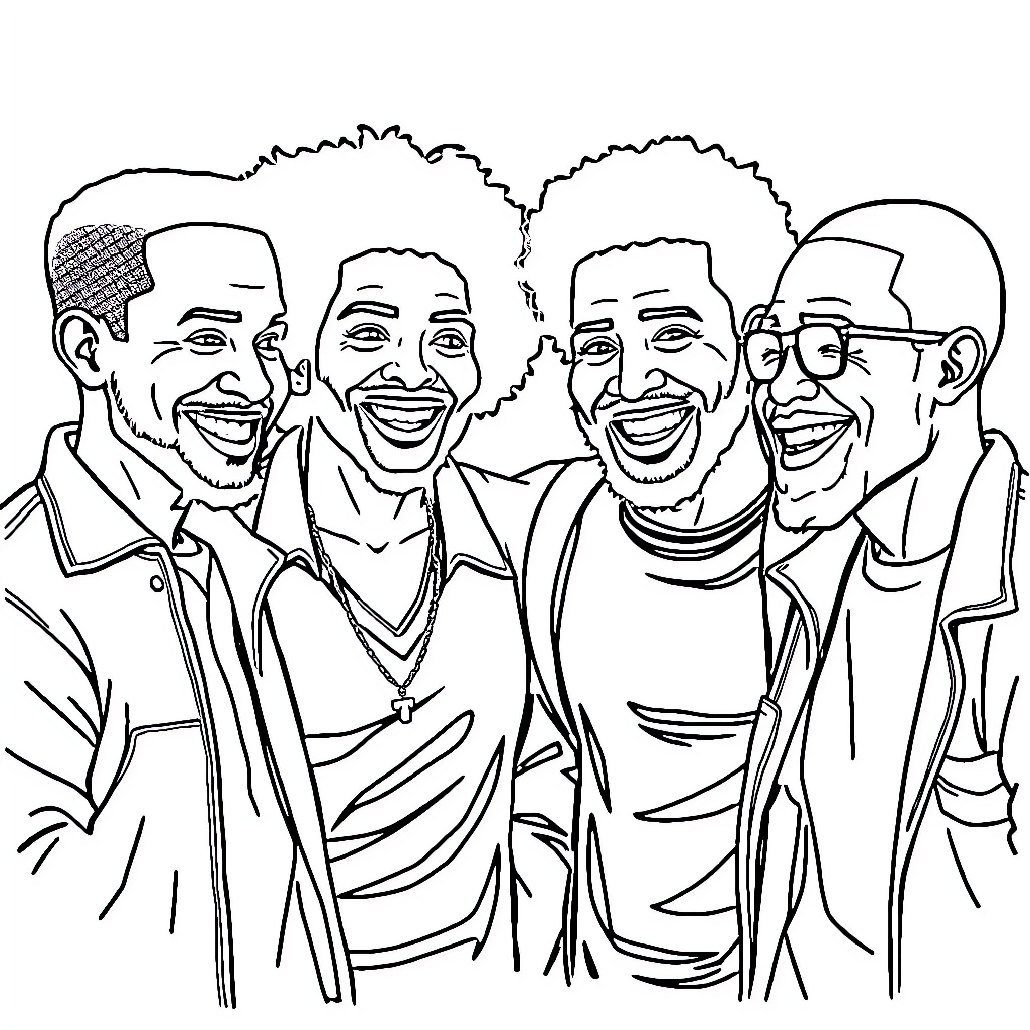 Man sharing happy moments with friends Coloring Page (free black-and-white line drawing printable PDF for all, from beginners to advanced learners, including children, teens, adults, and seniors)