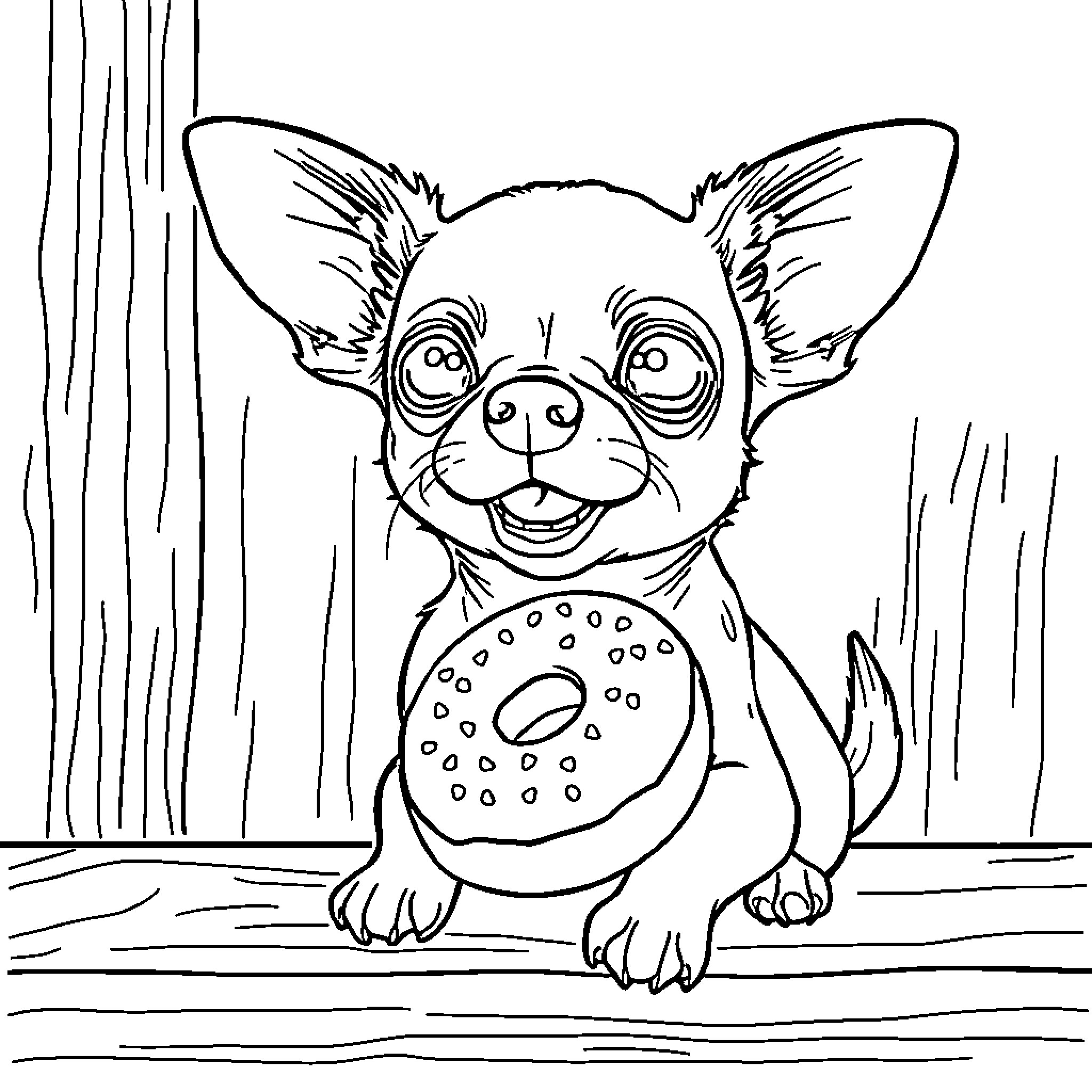 Chihuahua with a silly expression Coloring Page (free black-and-white line drawing printable PDF for all, from beginners to advanced learners, including children, teens, adults, and seniors)