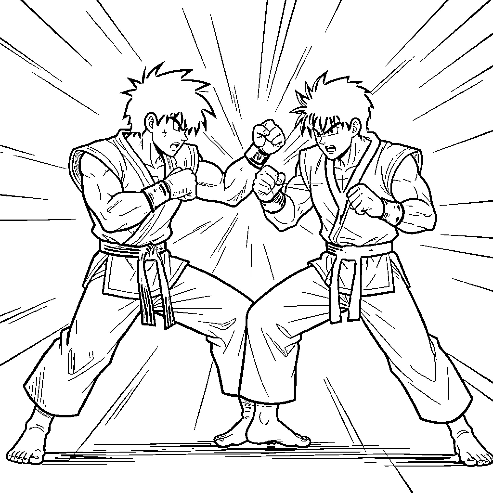Ryu and opponent in martial arts combat stance Coloring Page (free black-and-white line drawing printable PDF for all, from beginners to advanced learners, including children, teens, adults, and seniors)