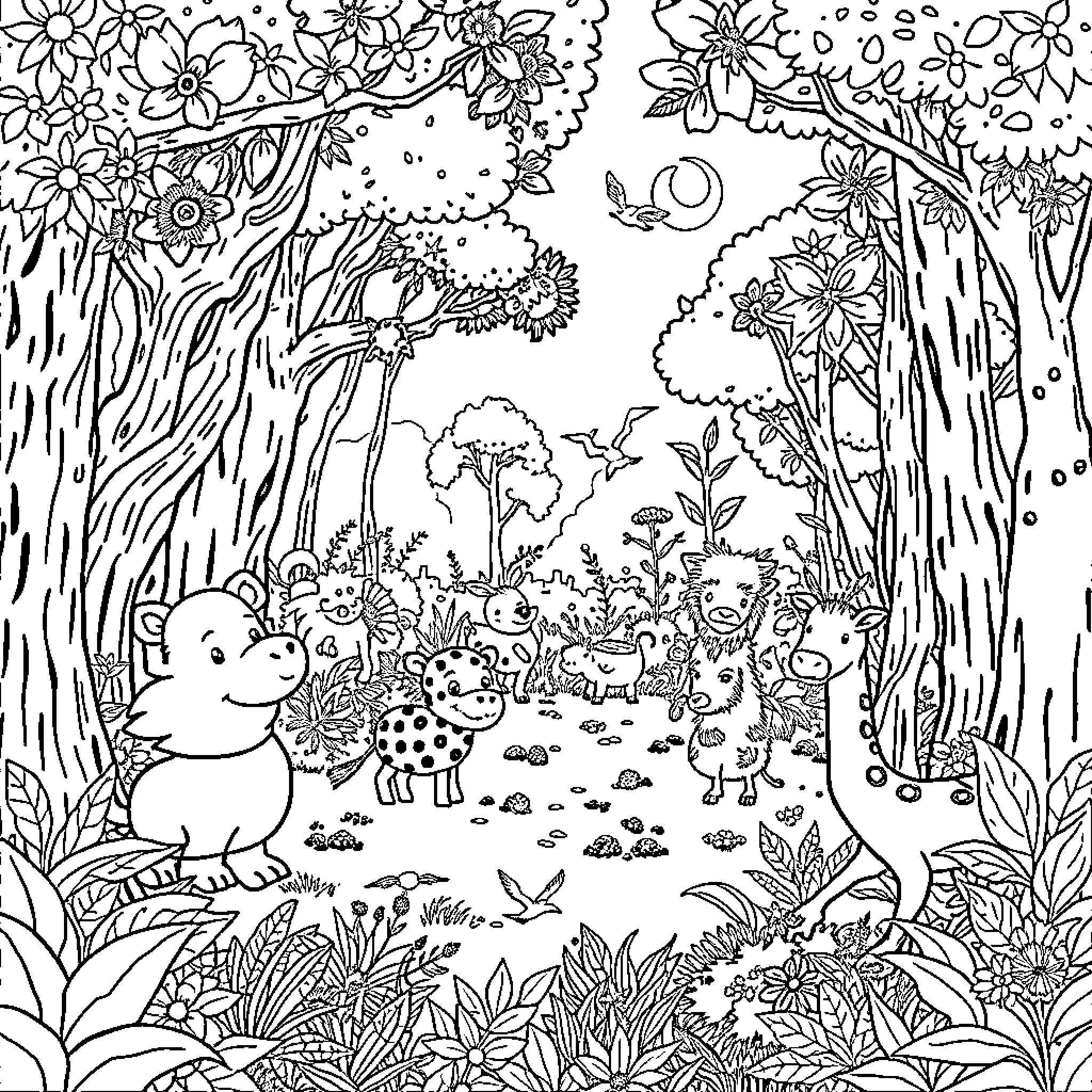 Animal friends gathering in a whimsical forest landscape Coloring Page (free black-and-white line drawing printable PDF for all, from beginners to advanced learners, including children, teens, adults, and seniors)