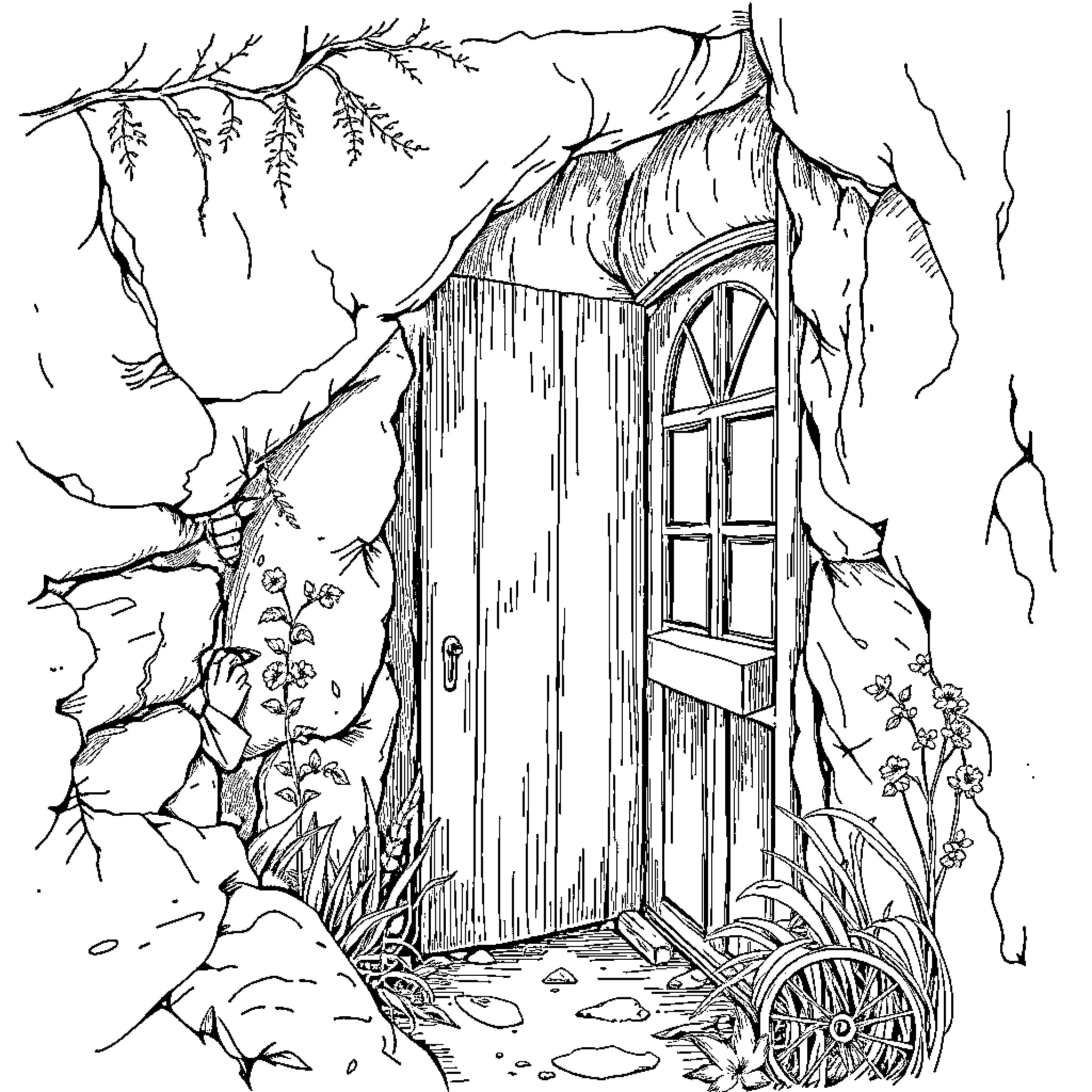 Secret Entrance to Enchanted Forest Cottage Coloring Page (free black-and-white line drawing printable PDF for all, from beginners to advanced learners, including children, teens, adults, and seniors)