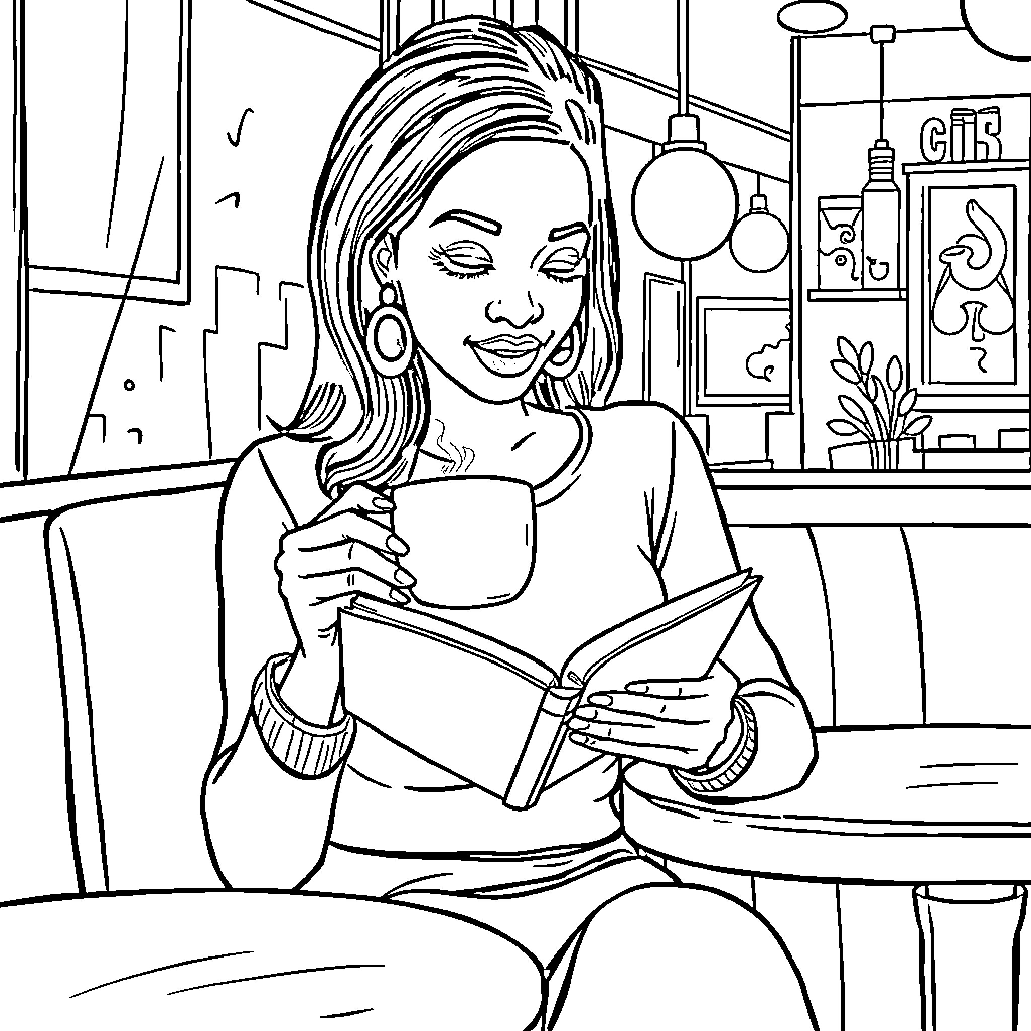 Woman reading a book in a cozy cafe Coloring Page (free black-and-white line drawing printable PDF for all, from beginners to advanced learners, including children, teens, adults, and seniors)