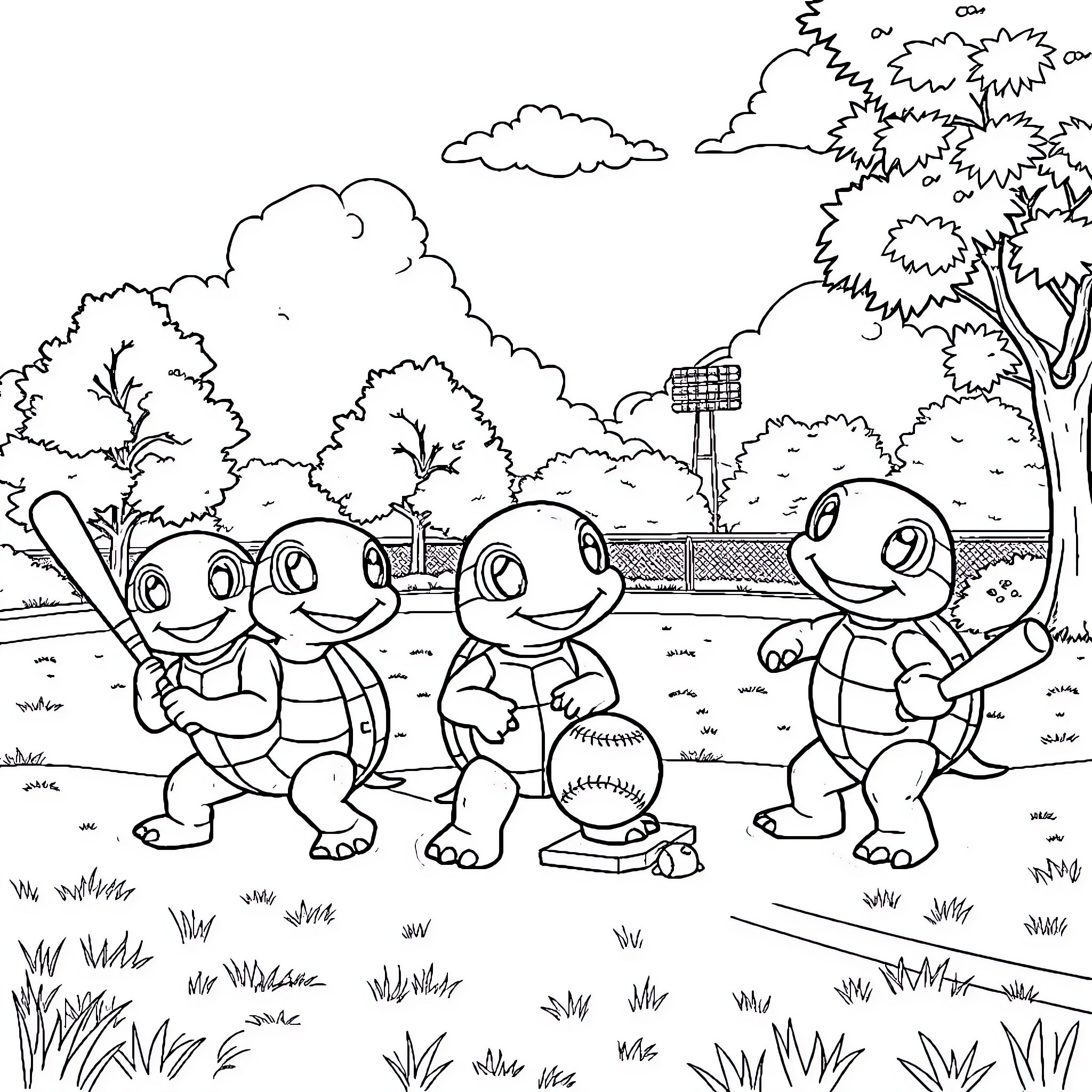 Squirtle and friends playing baseball in the park Coloring Page (free black-and-white line drawing printable PDF for all, from beginners to advanced learners, including children, teens, adults, and seniors)