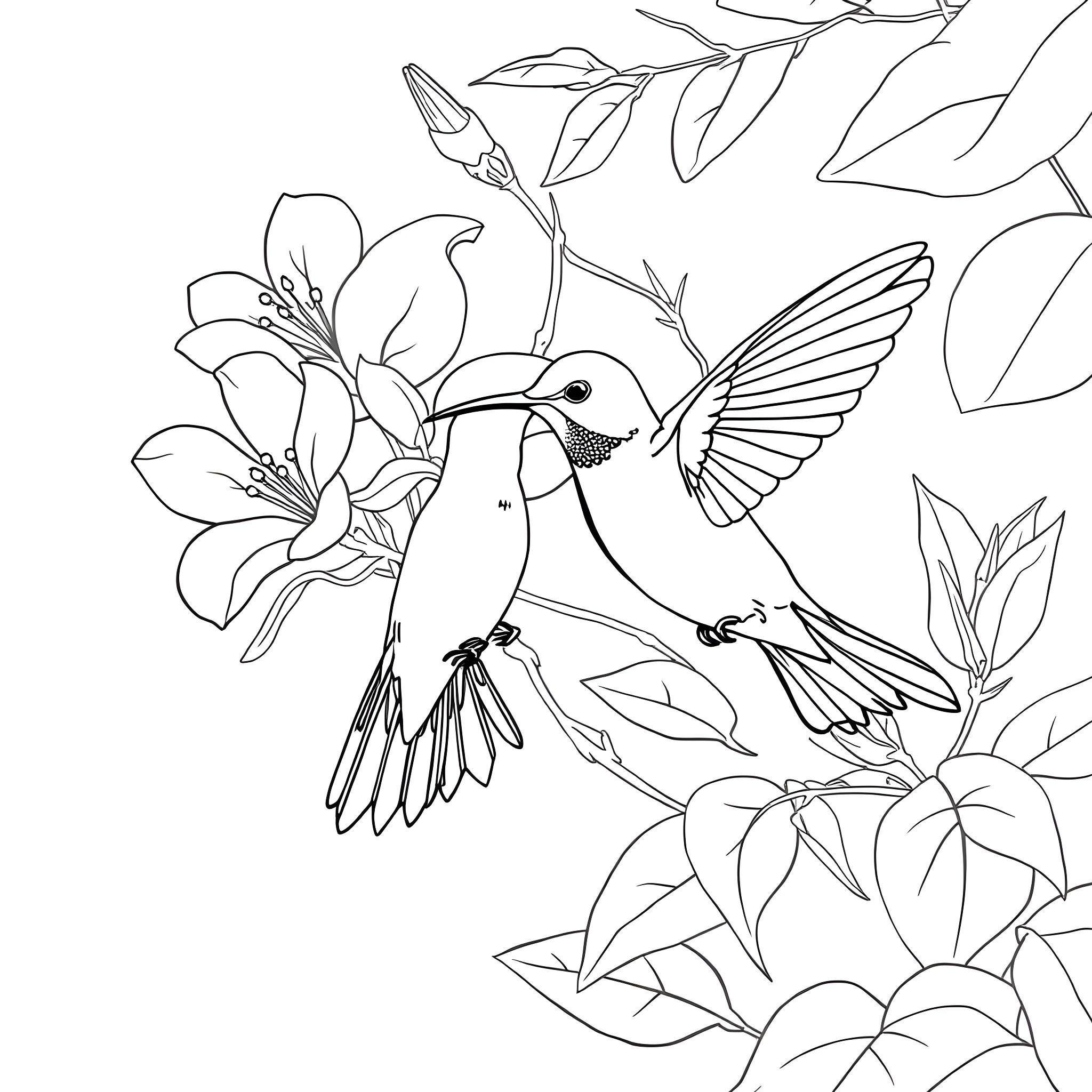 Hummingbird feeding on floral blooms Coloring Page (free black-and-white line drawing printable PDF for all, from beginners to advanced learners, including children, teens, adults, and seniors)