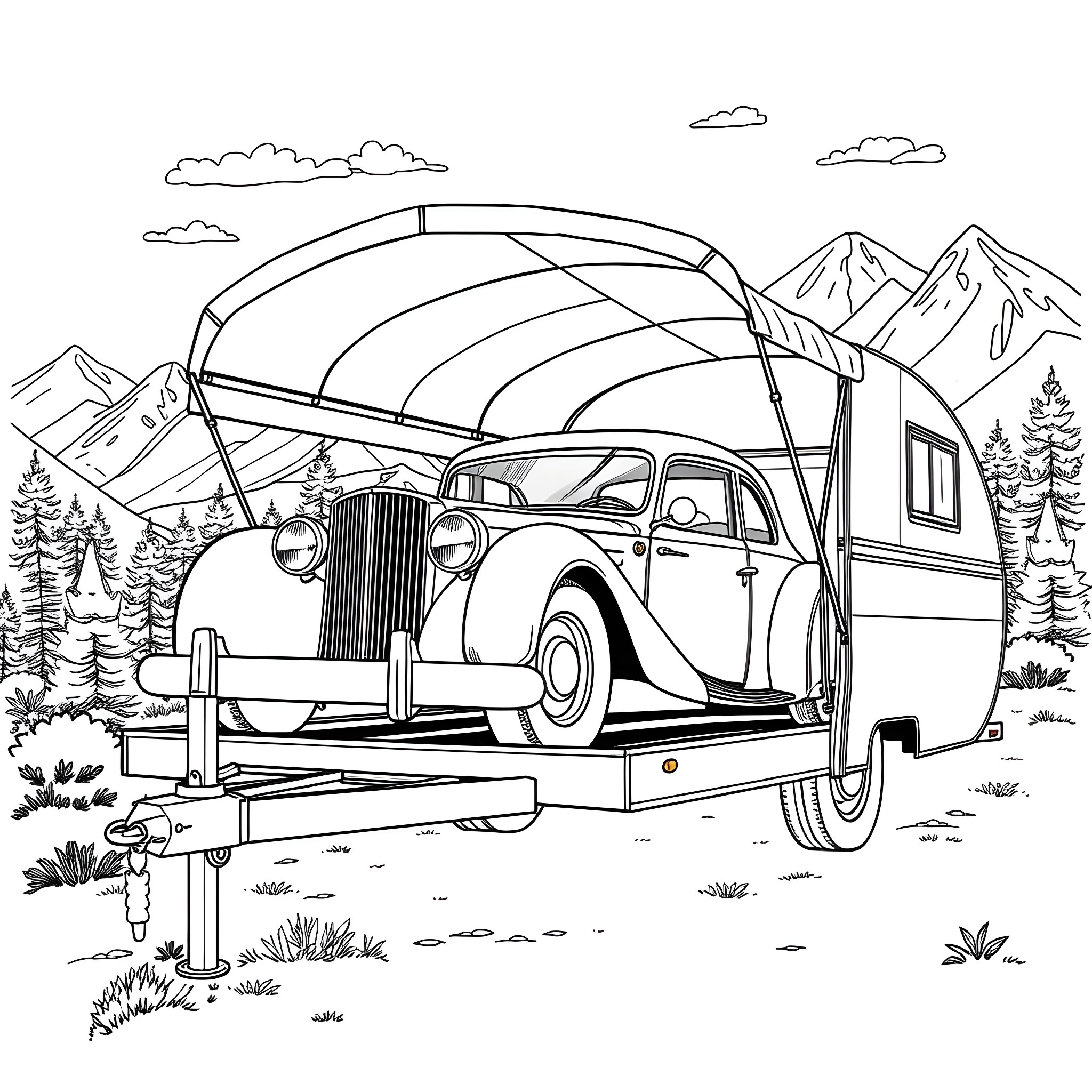 Car Camping Adventure in Mountainous Landscape Coloring Page (free black-and-white line drawing printable PDF for all, from beginners to advanced learners, including children, teens, adults, and seniors)
